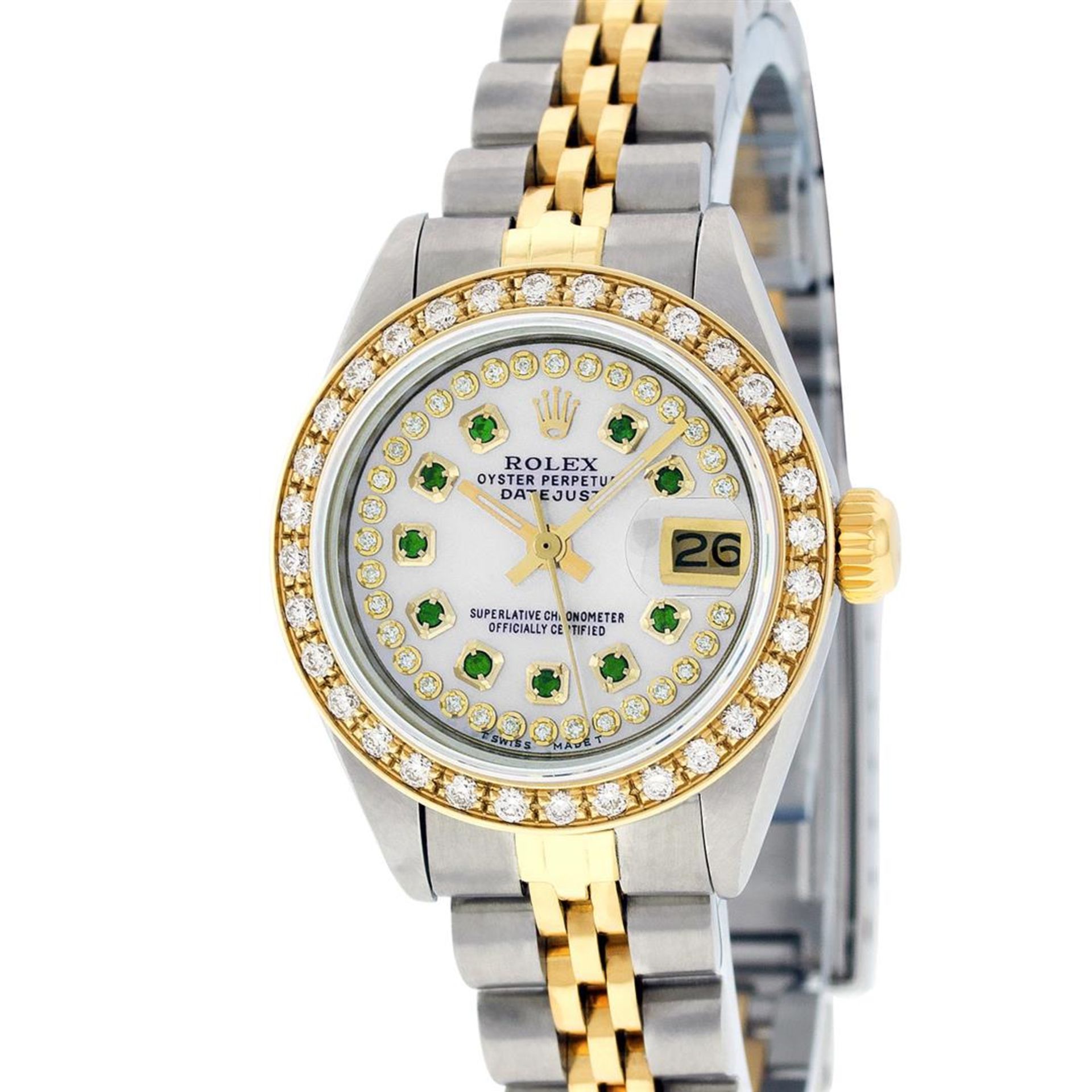 Rolex Ladies 2 Tone Quickset 18K MOP Emerald String Diamond Datejust Wristwatch - Image 2 of 7