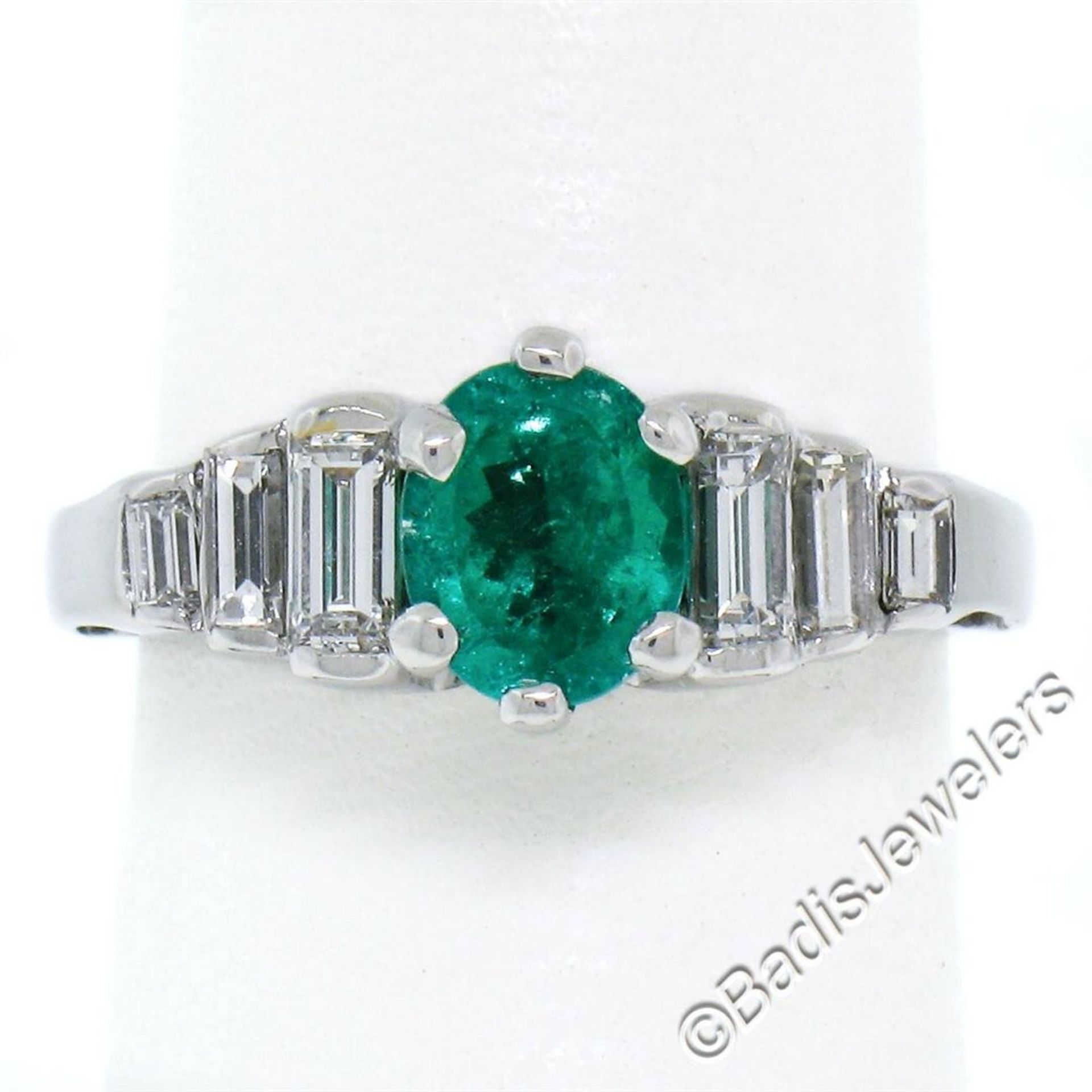 14kt White Gold 1.33ctw Emerald Solitaire and Baguette Diamond Step Ring