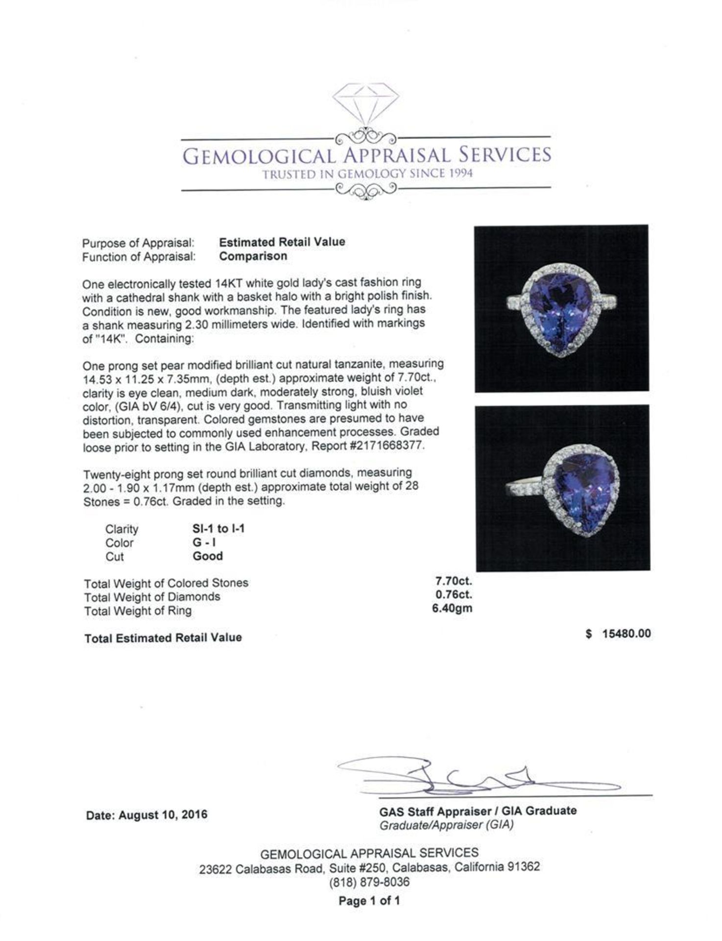GIA Cert 7.70 ctw Tanzanite and Diamond Ring - 14KT White Gold - Image 5 of 6