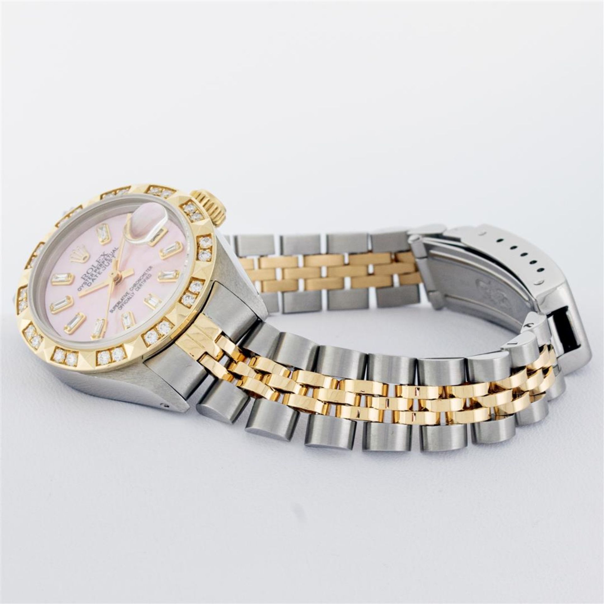 Rolex Ladies 26 2T Pink MOP Baguette 18K YG Diamond Bezel Serviced And Polished - Image 5 of 9