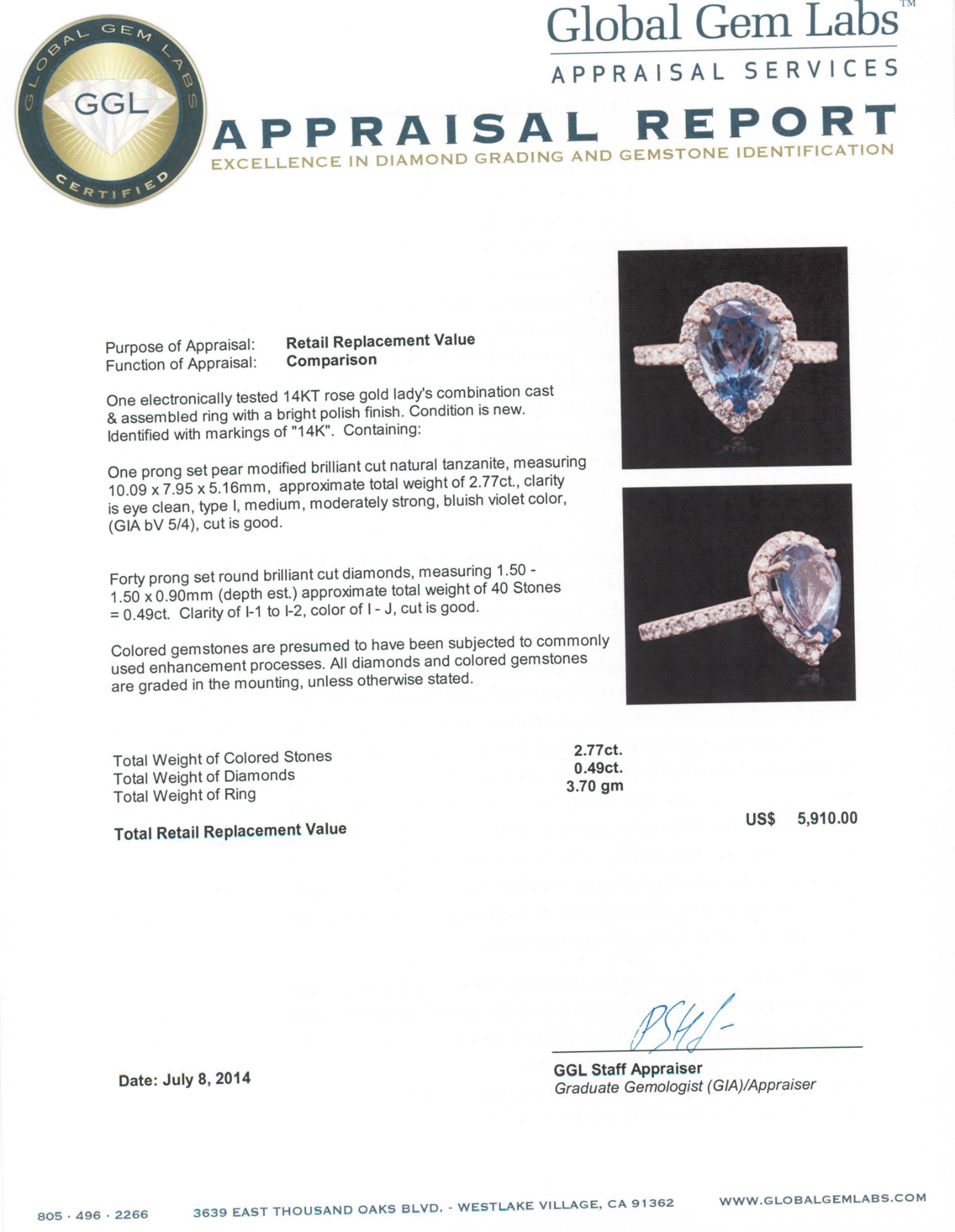14KT Rose Gold 2.77 ctw Tanzanite and Diamond Ring - Image 5 of 5