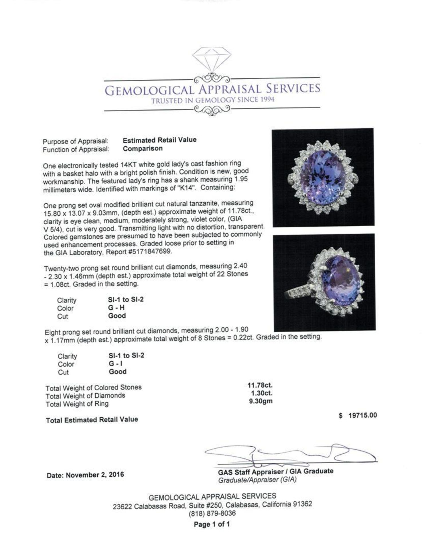 GIA Cert 11.78 ctw Tanzanite and Diamond Ring - 14KT White Gold - Image 5 of 6