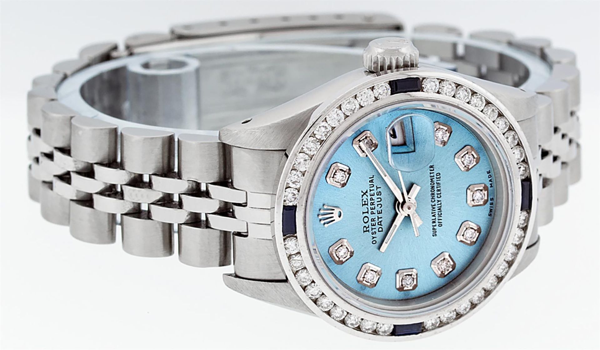 Rolex Ladies Stainless Steel Blue Diamond & Channel Set Sapphire Datejust Wristw - Image 3 of 9