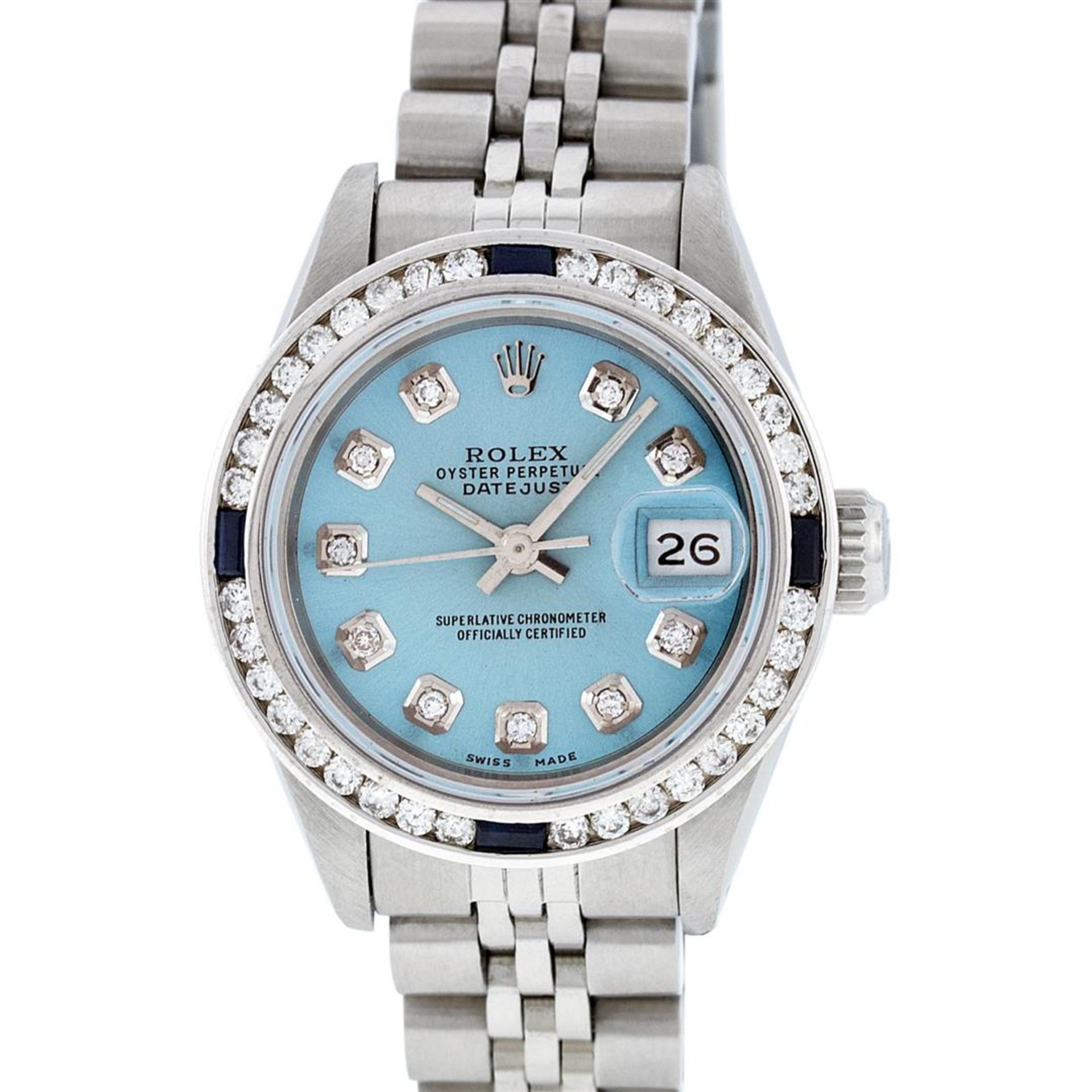 Rolex Ladies Stainless Steel Blue Diamond & Channel Set Sapphire Datejust Wristw - Image 2 of 9