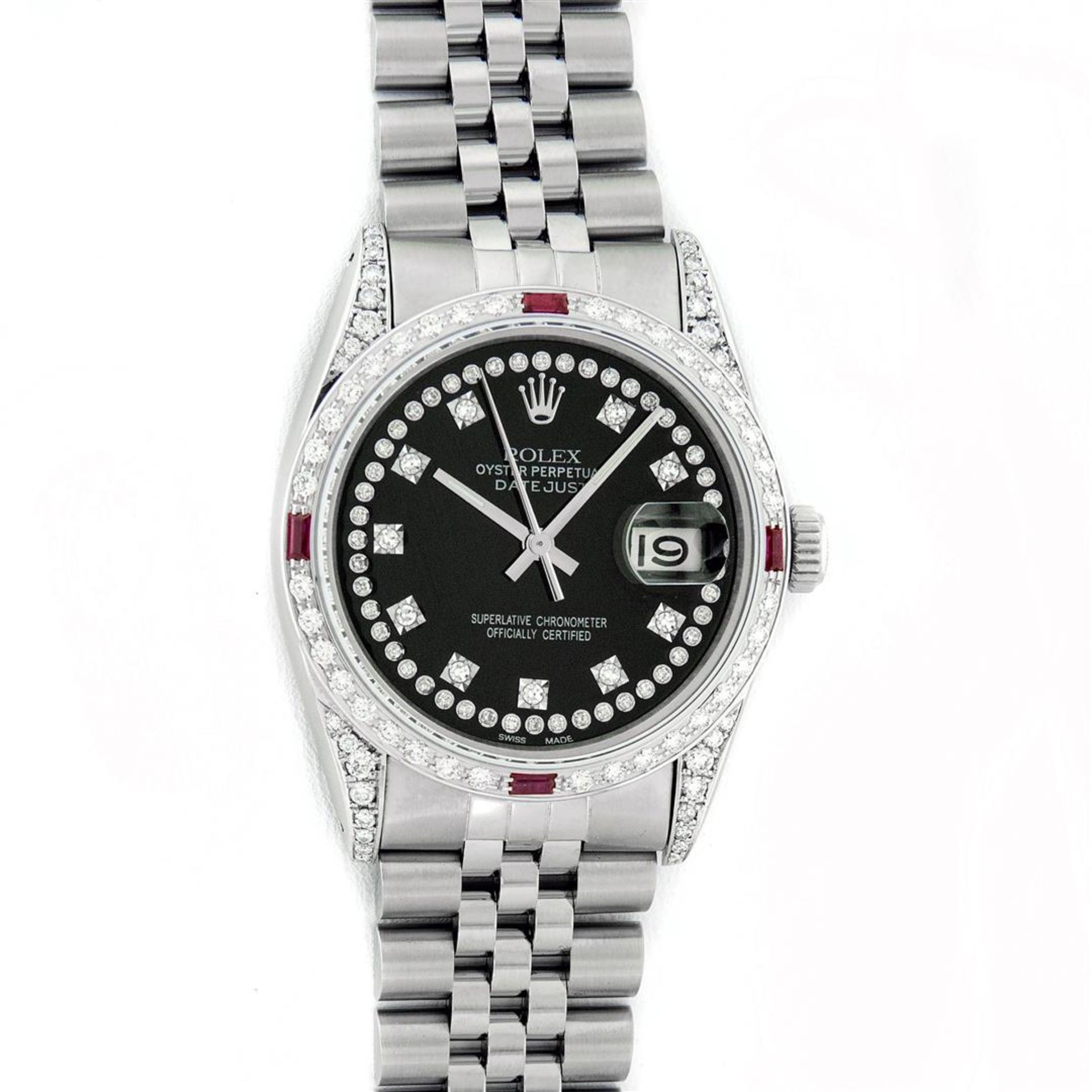 Rolex Mens SS Black String Diamond Lugs & Ruby Oyster Perpetaul Datejust 36MM - Image 2 of 9