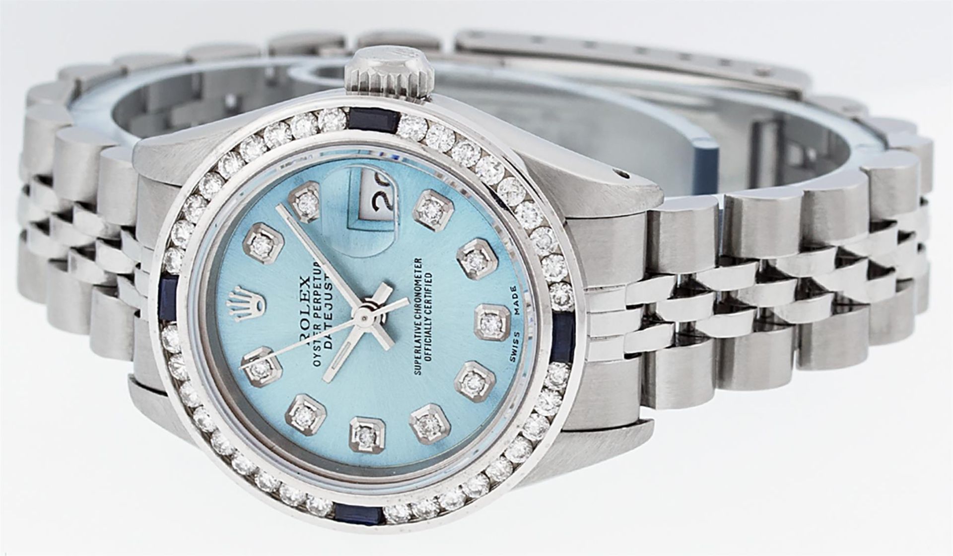Rolex Ladies Stainless Steel Blue Diamond & Channel Set Sapphire Datejust Wristw - Image 9 of 9