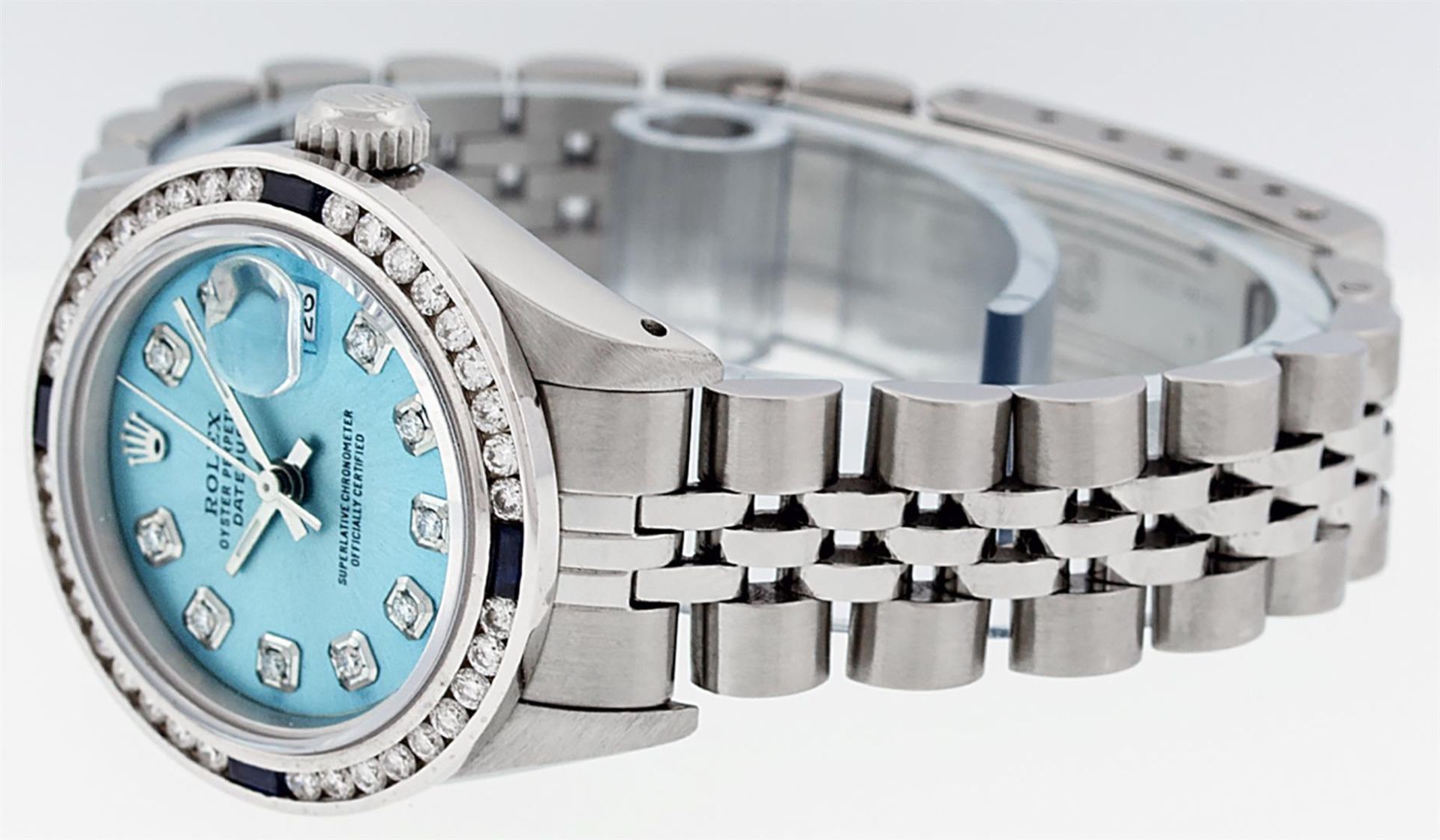 Rolex Ladies Stainless Steel Blue Diamond & Channel Set Sapphire Datejust Wristw - Image 8 of 9