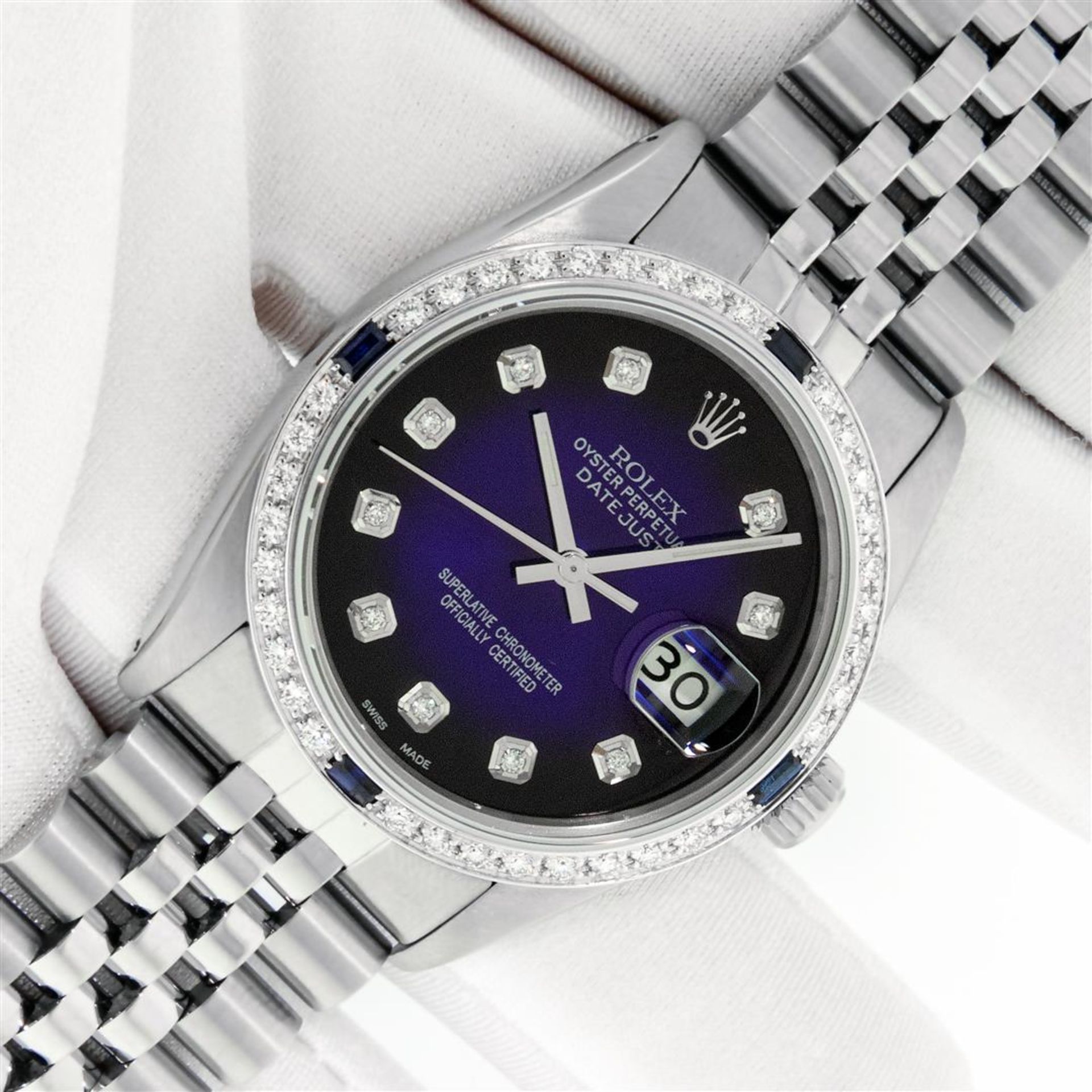 Rolex Mens Stainless Steel Blue Vignette Diamond & Sapphire Datejust Wristwatch - Image 3 of 9