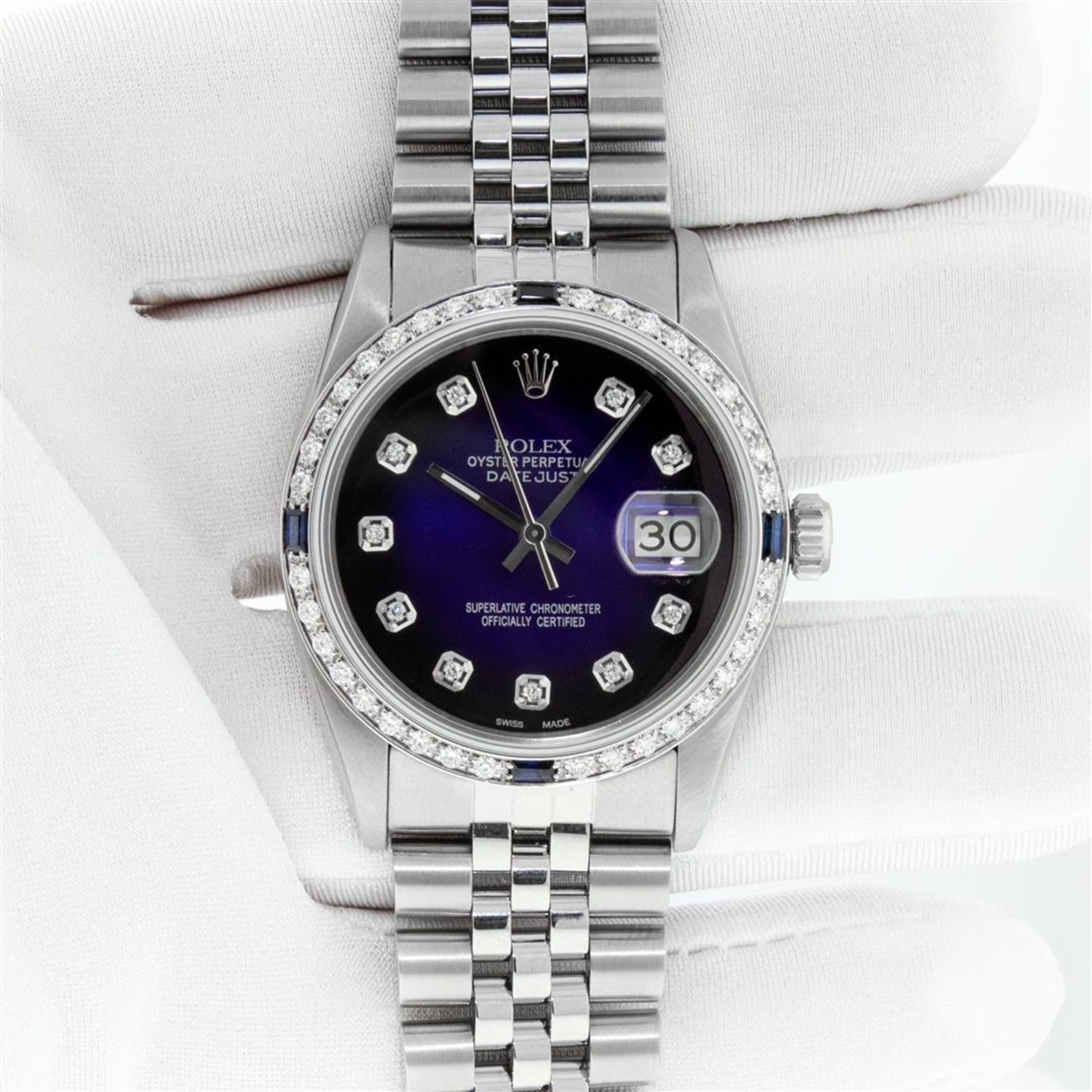 Rolex Mens Stainless Steel Blue Vignette Diamond & Sapphire Datejust Wristwatch - Image 4 of 9