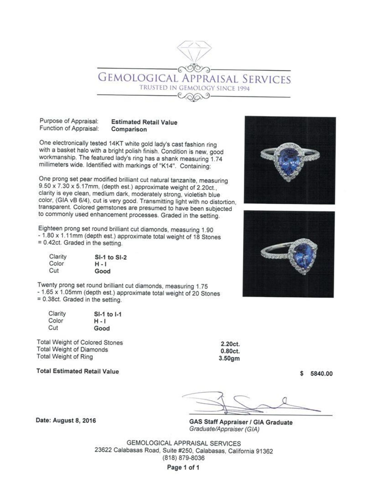 2.20 ctw Tanzanite and Diamond Ring - 14KT White Gold - Image 5 of 5