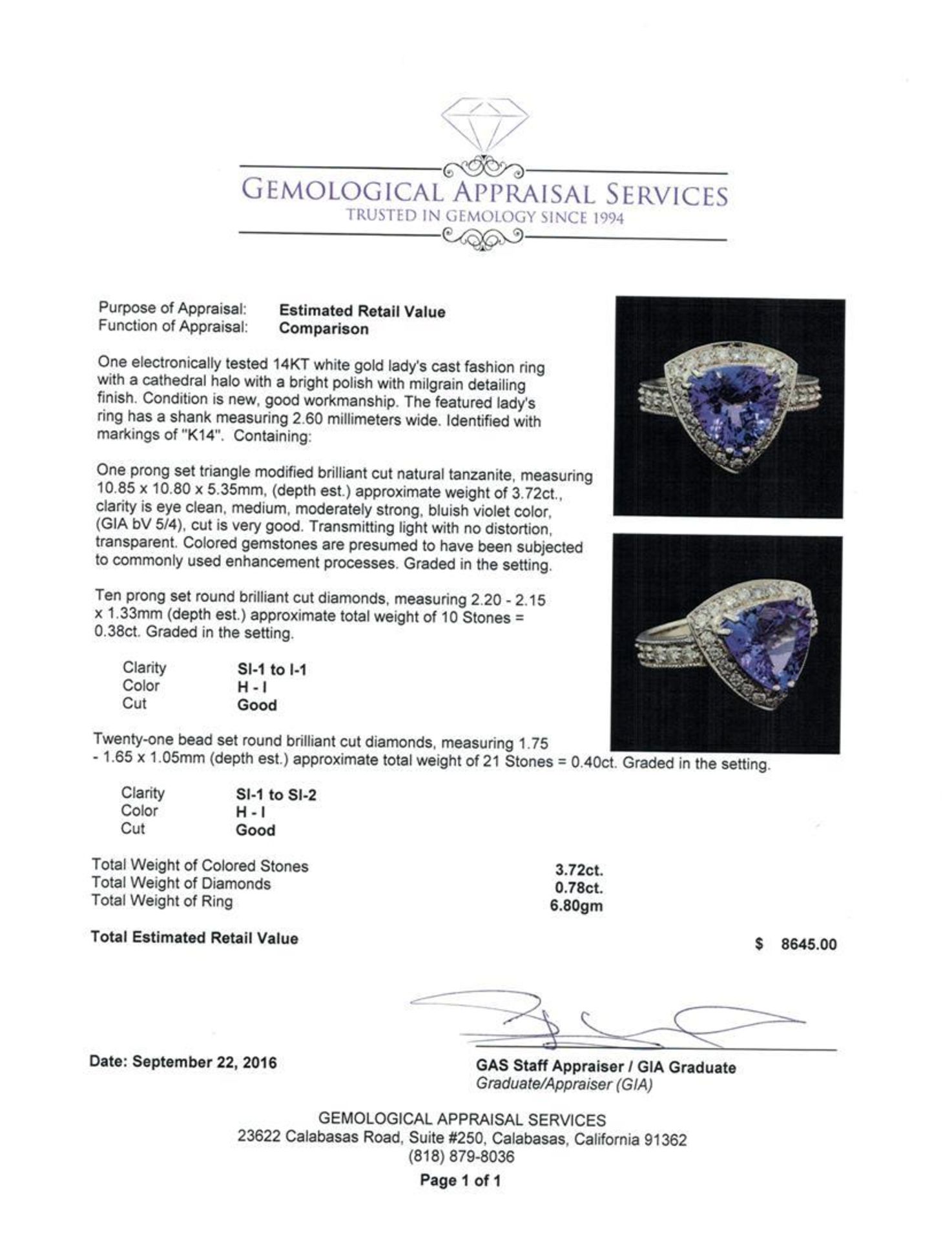 3.72 ctw Tanzanite and Diamond Ring - 14KT White Gold - Image 5 of 5