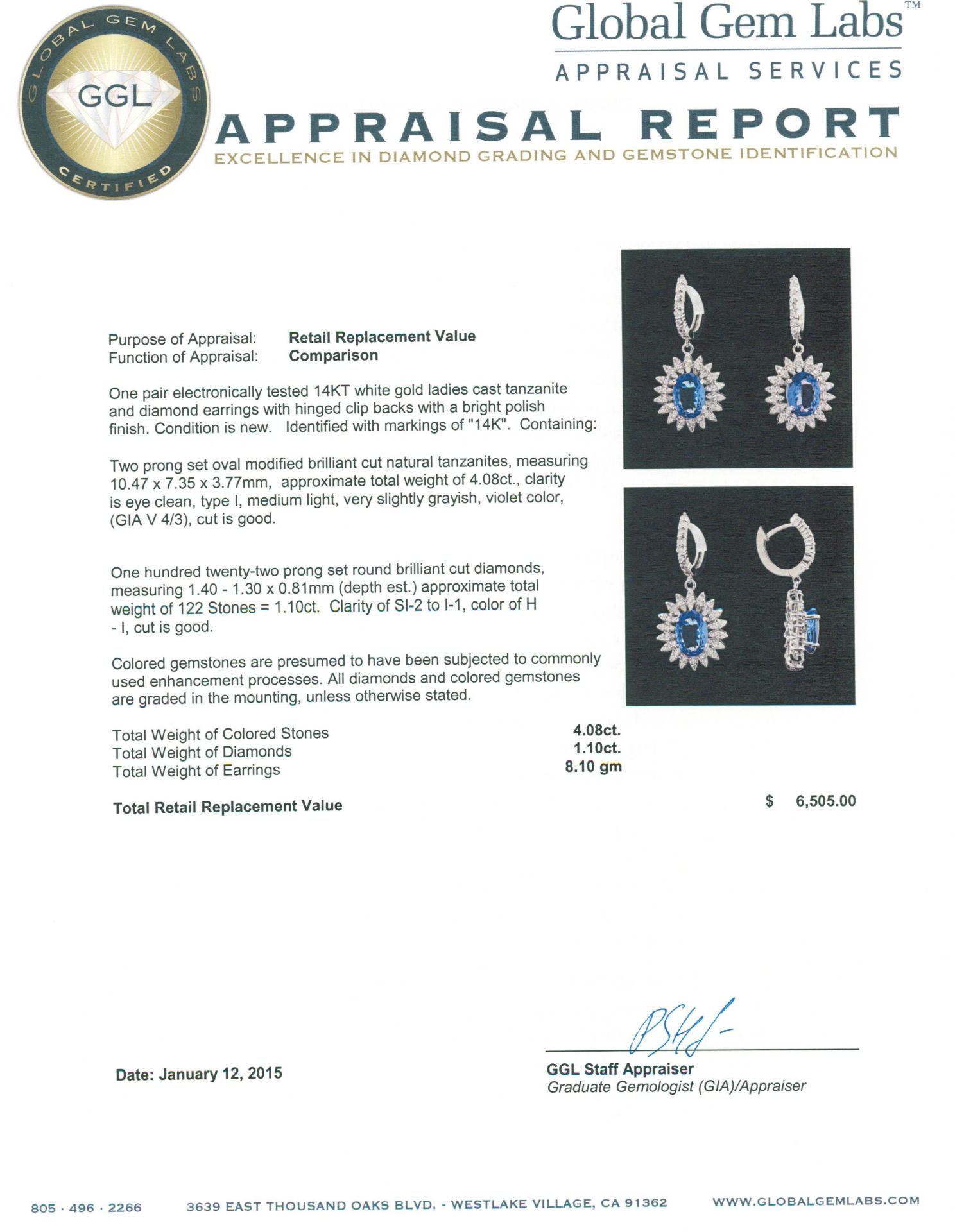 14KT White Gold 4.08 ctw Tanzanite and Diamond Earrings - Image 3 of 3