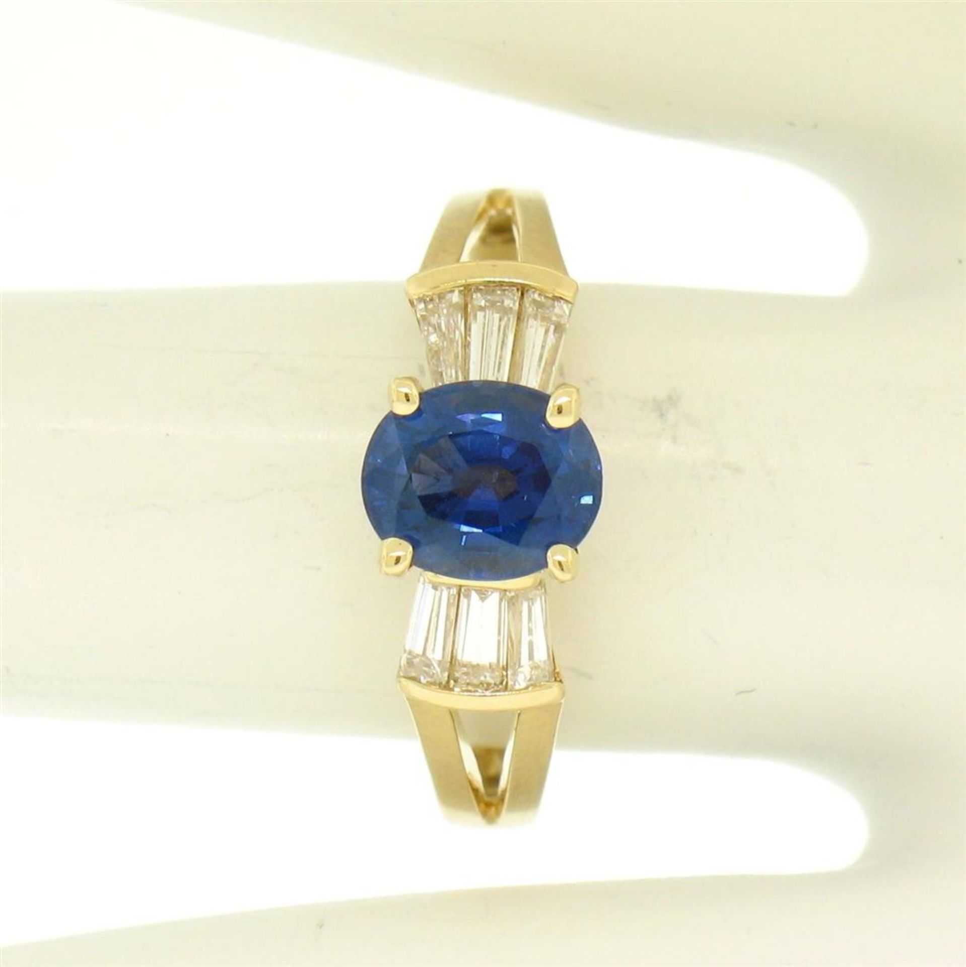 14k Yellow Gold ROYAL BLUE Sapphire Solitaire Ring Fine Baguette Diamond Accents - Image 9 of 9