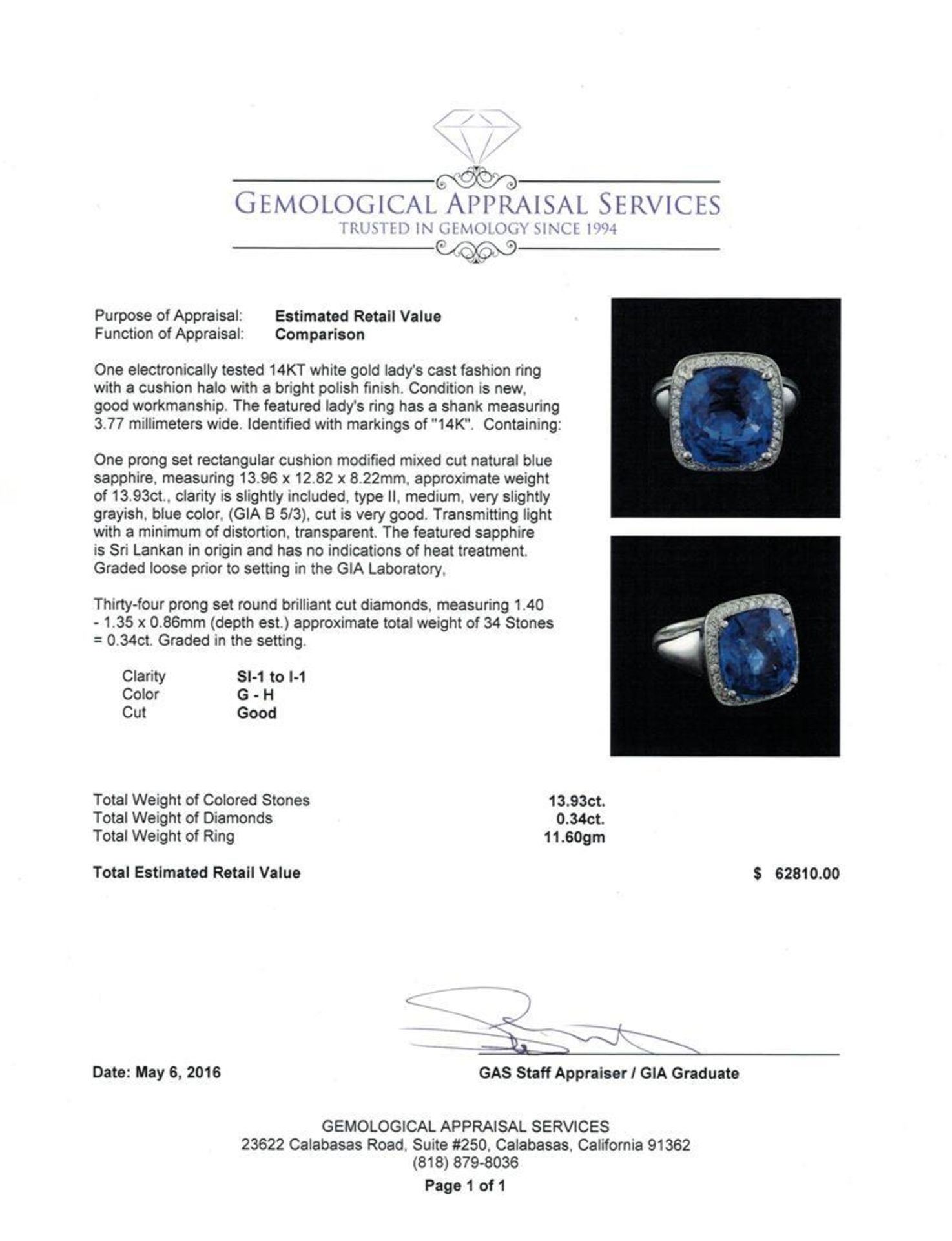GIA Cert 13.93 ctw Blue Sapphire and Diamond Ring - 14KT White Gold - Image 5 of 5