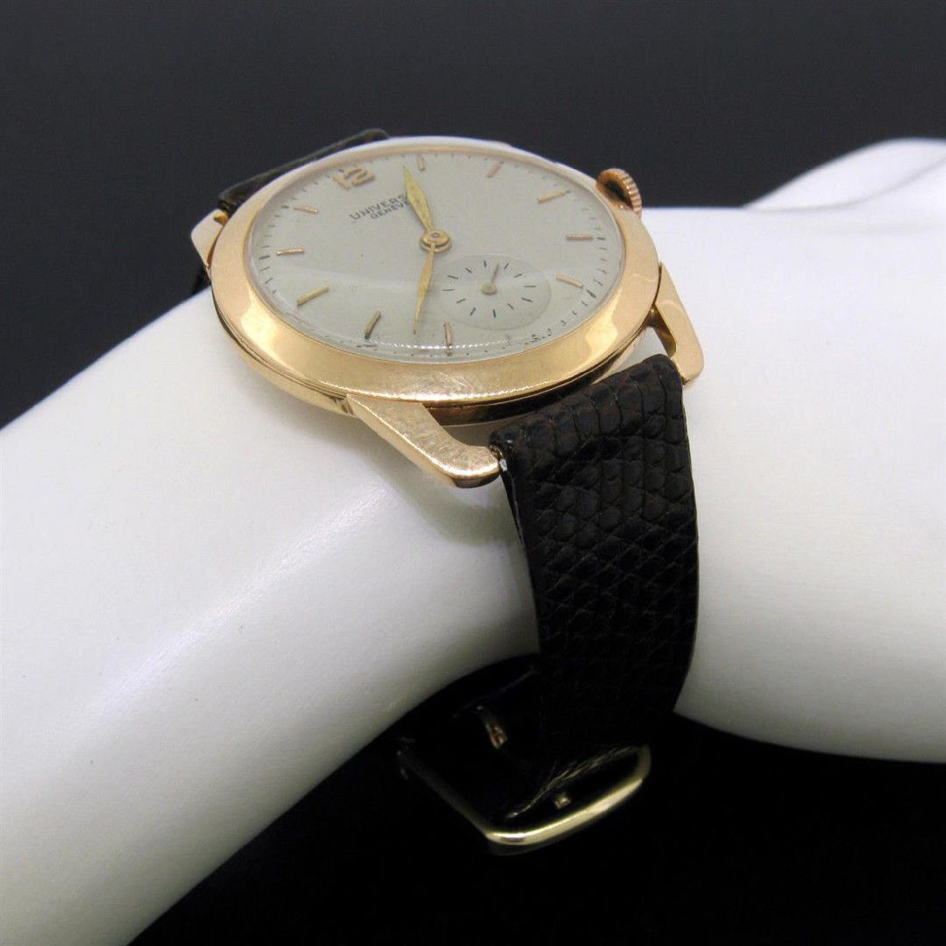 Vintage Men's 18k Rose Gold Universal Geneve Mechanical Wrist Watch w/ Fancy Lug - Image 6 of 8