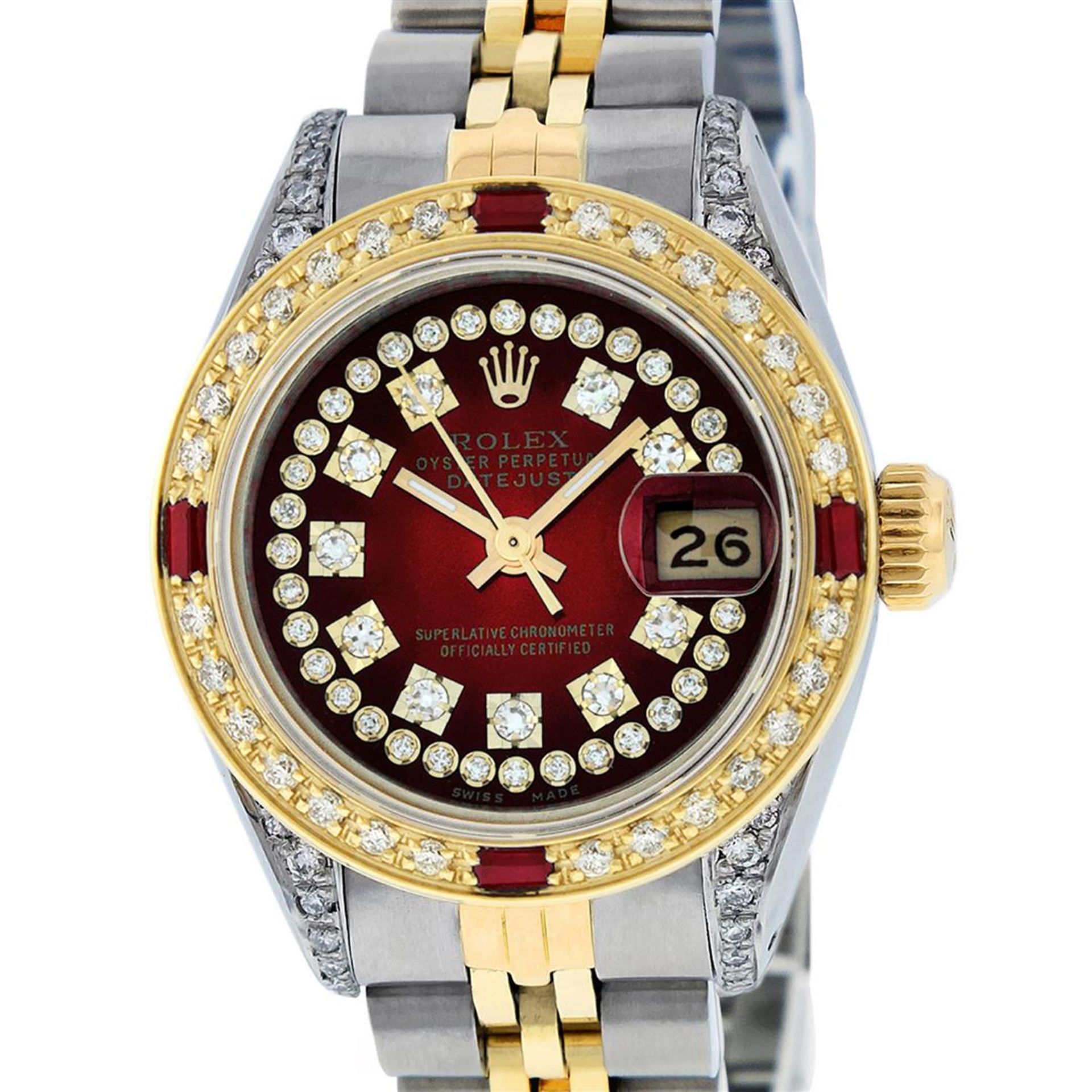 Rolex Ladies 2 Tone Red Vignette String Diamond Lugs & Ruby Datejust Wriswatch