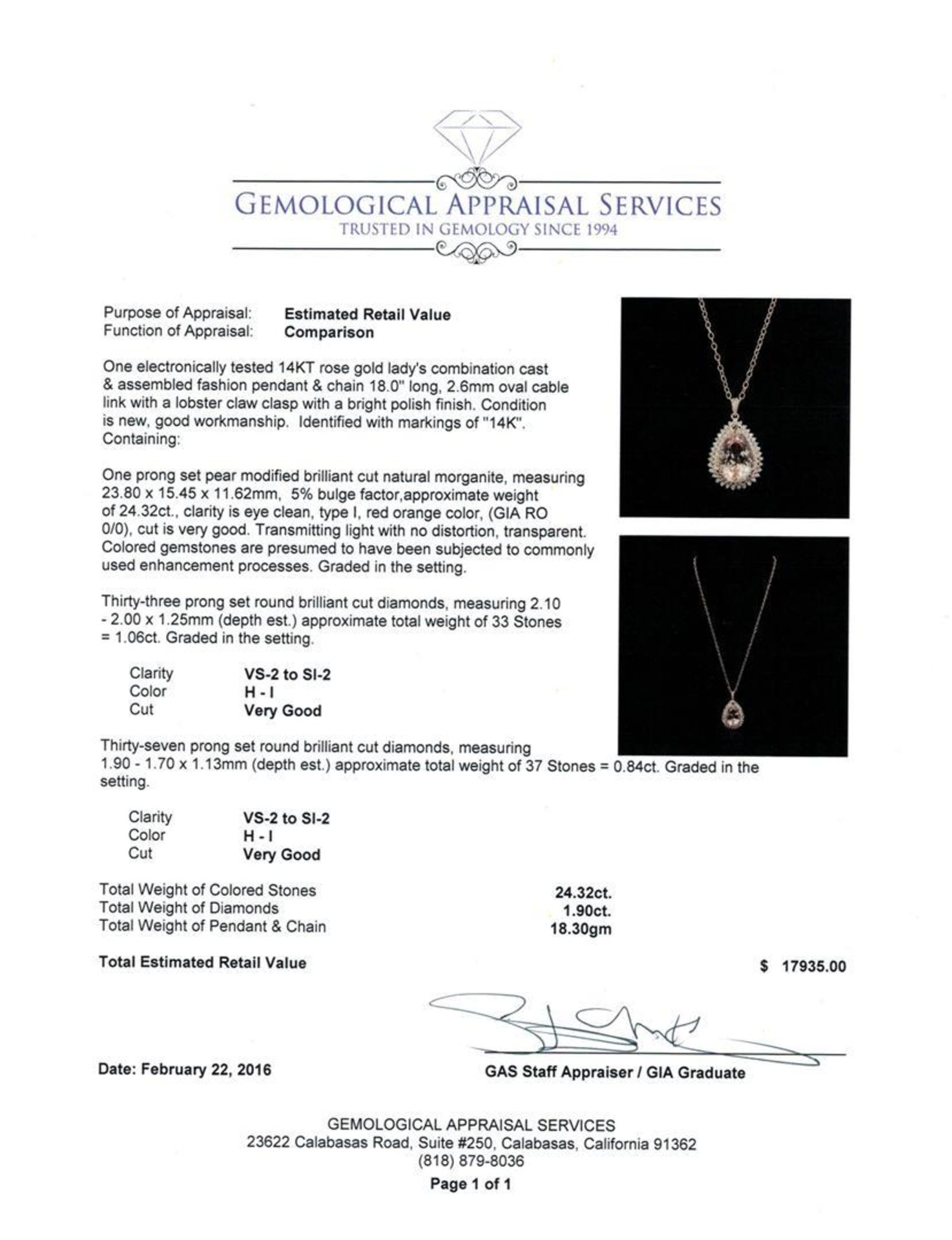 24.32 ctw Morganite and Diamond Pendant With Chain - 14KT Rose Gold - Image 3 of 3