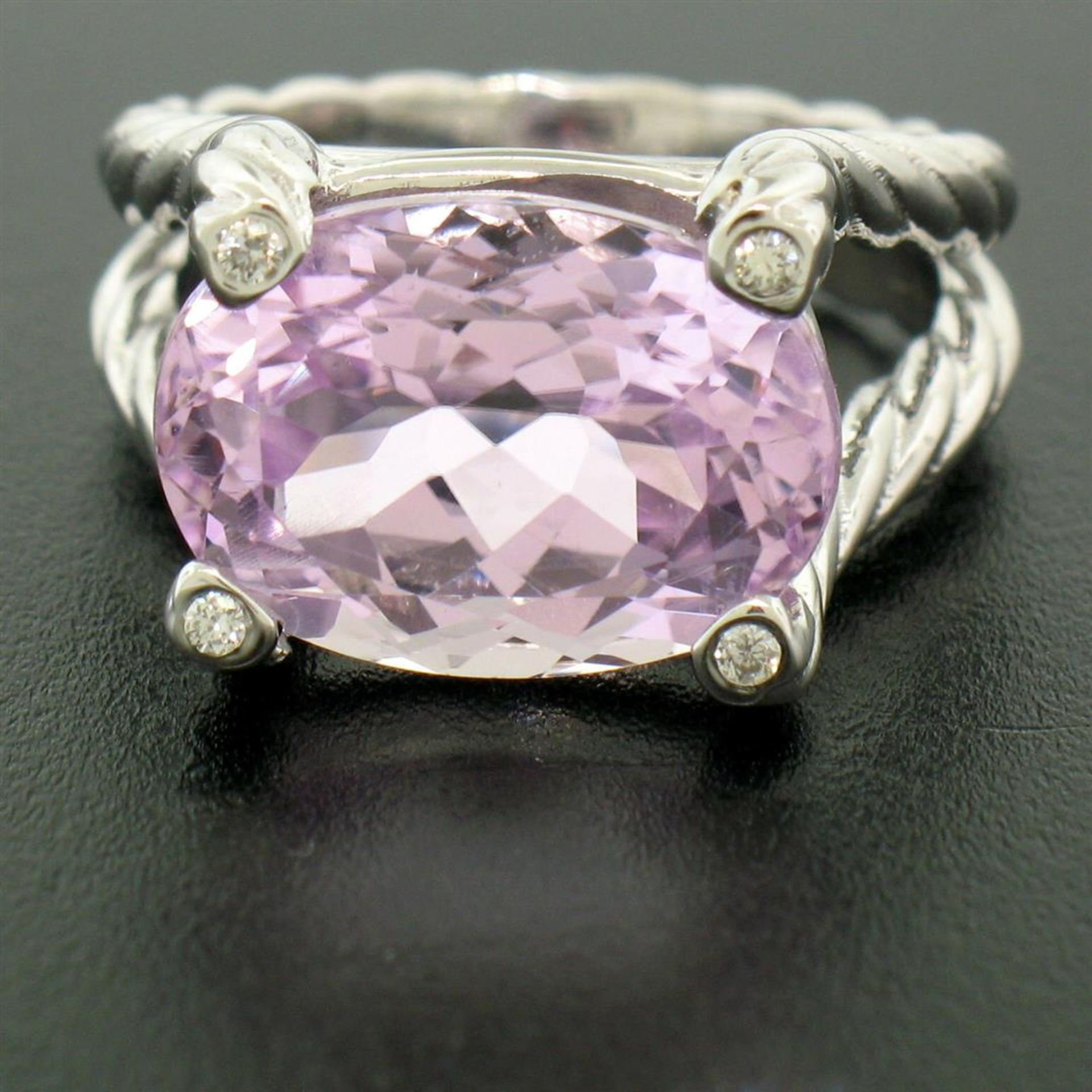 14k White Gold Twisted Cable 8.5 ct Oval Kunzite Solitaire Ring 4 Diamond Accent - Image 6 of 8