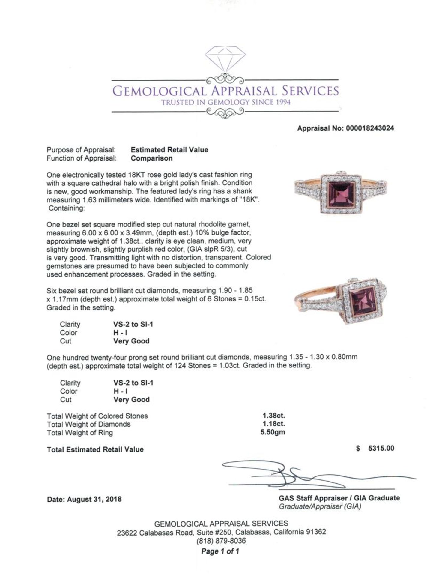 2.56 ctw Square Step Rhodolite Garnet And Round Brilliant Cut Diamond Ring - 18K - Image 5 of 5