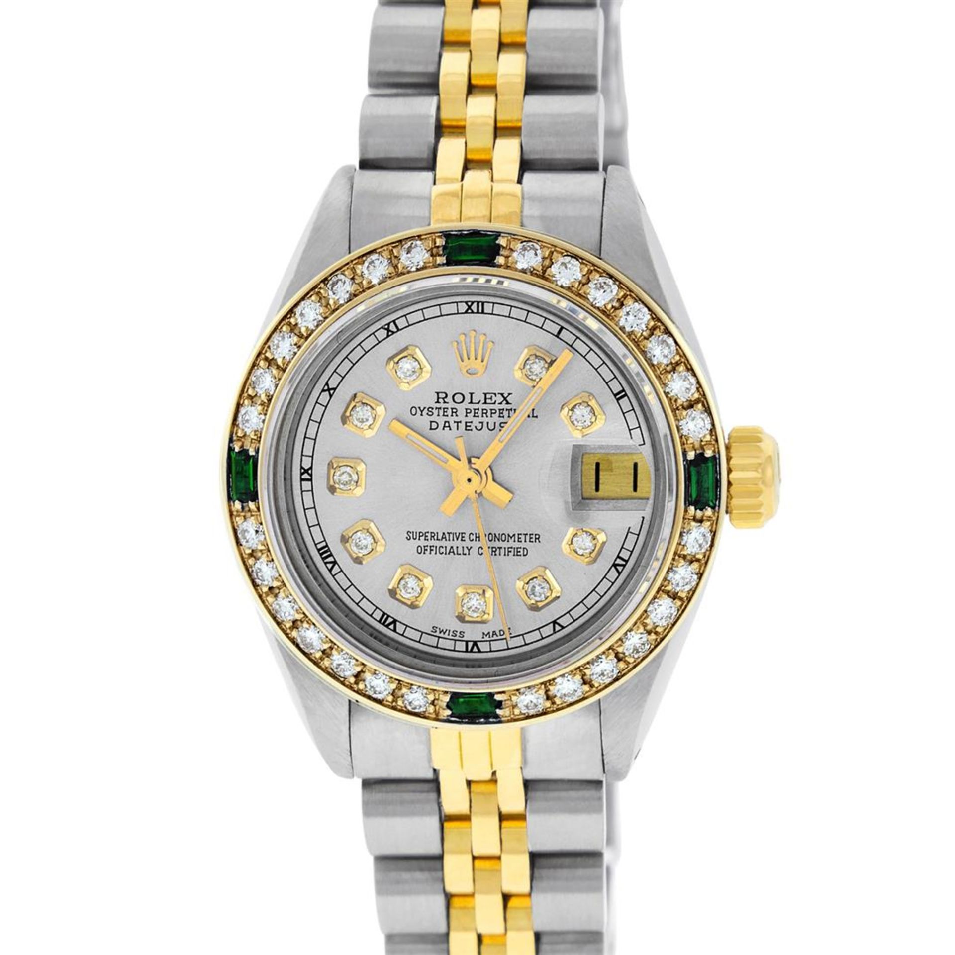 Rolex Ladies 2 Tone Grey Diamond & Emerald 26MM Datejust Wristwatch - Image 2 of 9