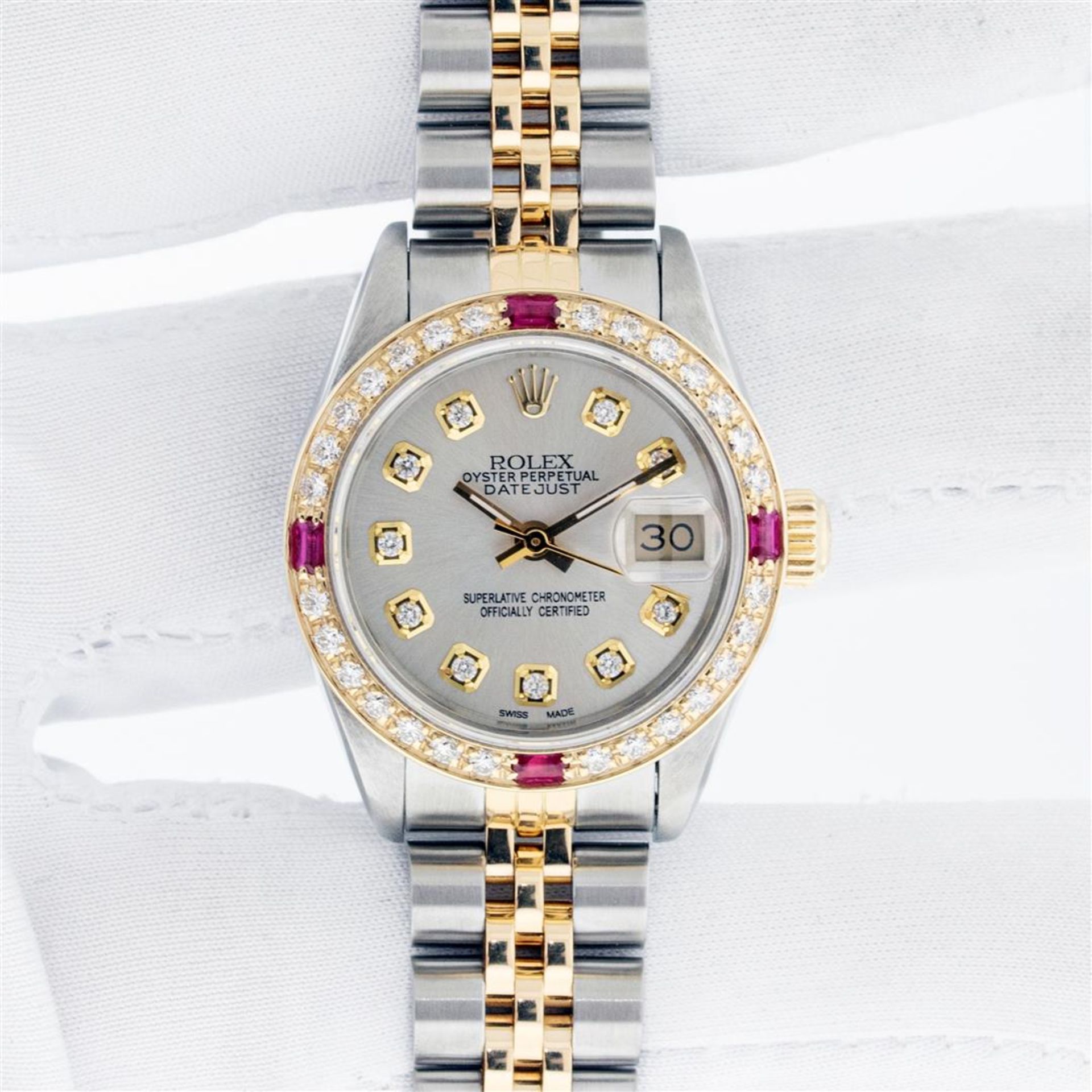 Rolex Ladies 2 Tone Silver Diamond & Ruby Oyster Perpetual Datejust Wristwatch T - Image 3 of 9