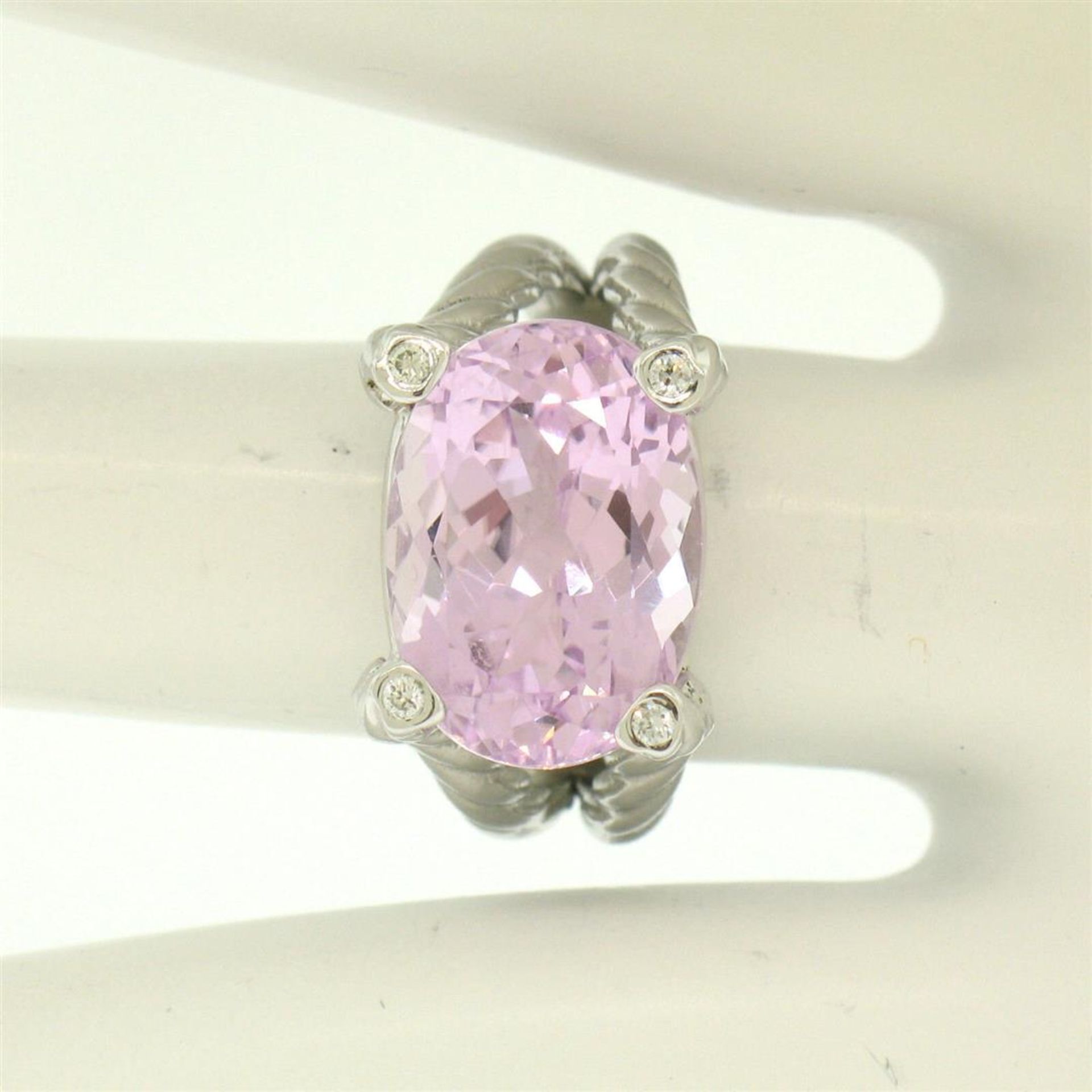 14k White Gold Twisted Cable 8.5 ct Oval Kunzite Solitaire Ring 4 Diamond Accent - Image 8 of 8