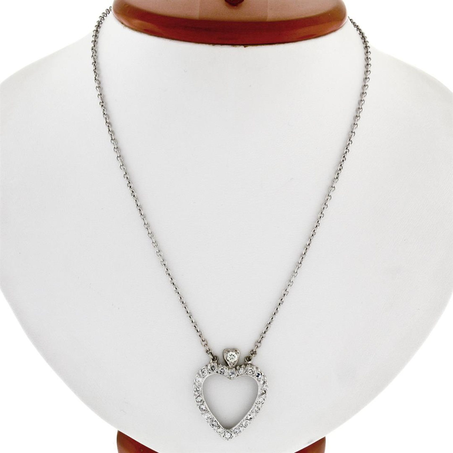 Antique 14k White Gold 1.00ctw Single Cut Diamond Open Heart Pendant Necklace - Image 3 of 6