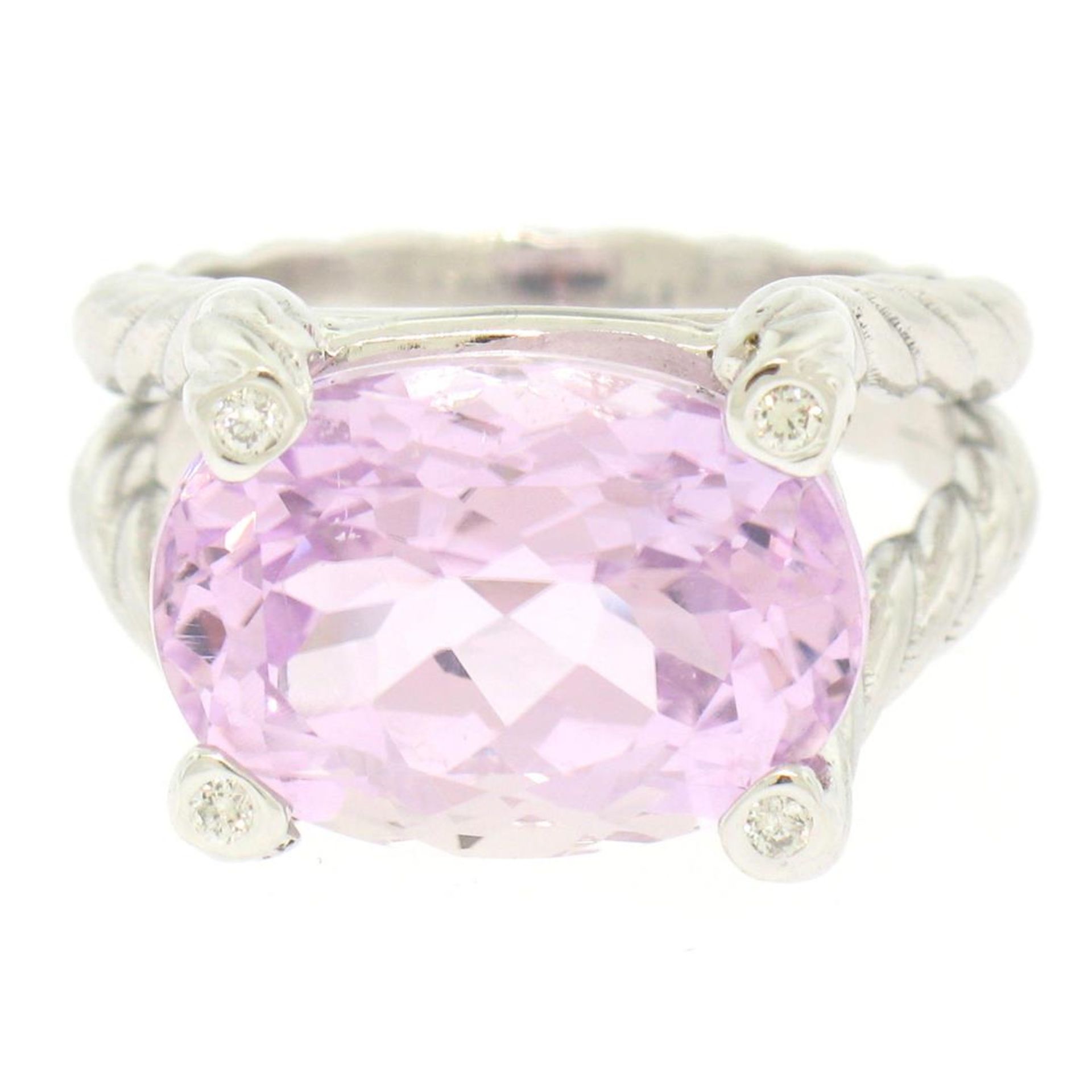 14k White Gold Twisted Cable 8.5 ct Oval Kunzite Solitaire Ring 4 Diamond Accent - Image 5 of 8