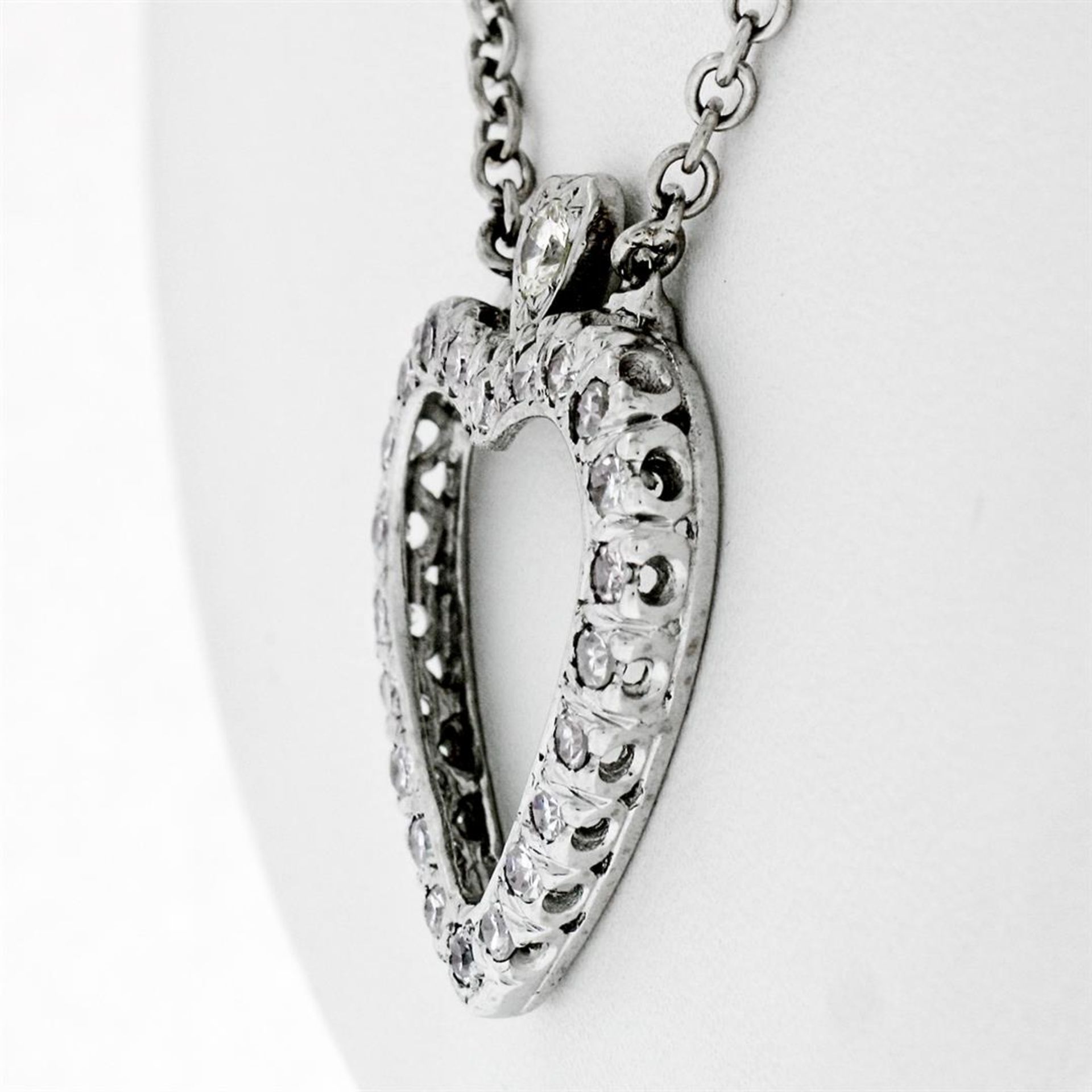 Antique 14k White Gold 1.00ctw Single Cut Diamond Open Heart Pendant Necklace - Image 4 of 6