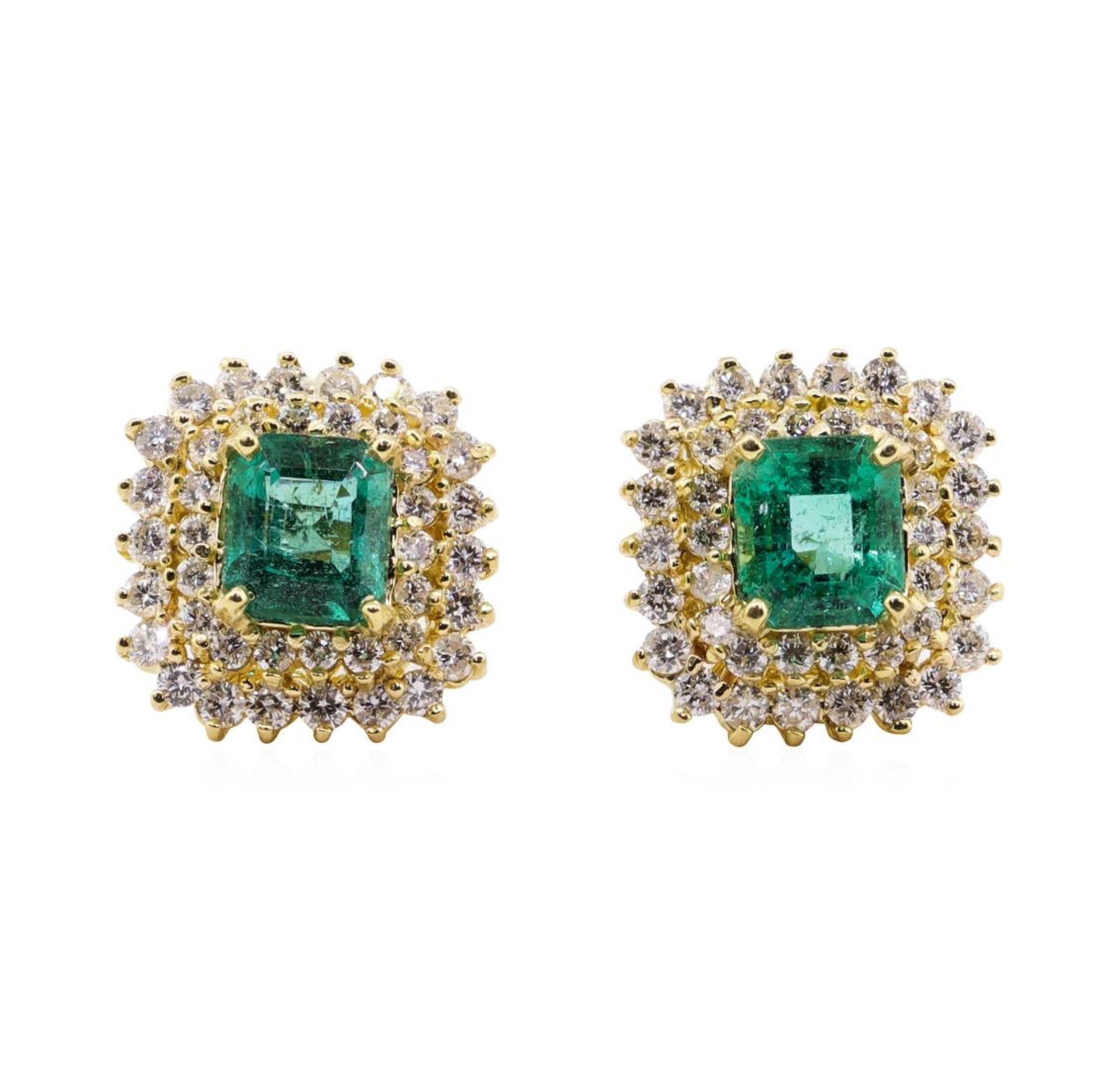 3.71ctw Emerald and Diamond Earrings - 18KT Yellow Gold