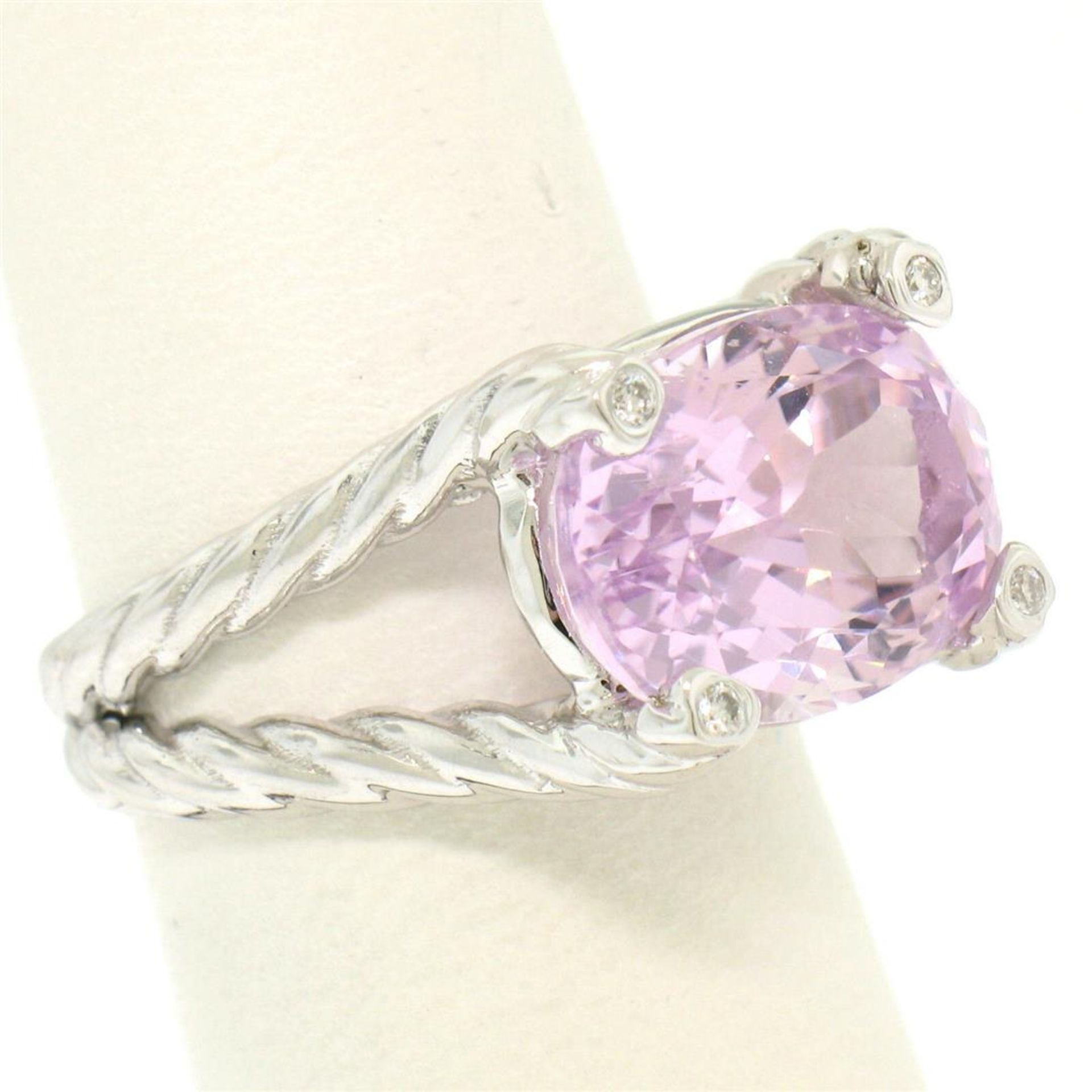 14k White Gold Twisted Cable 8.5 ct Oval Kunzite Solitaire Ring 4 Diamond Accent - Image 3 of 8