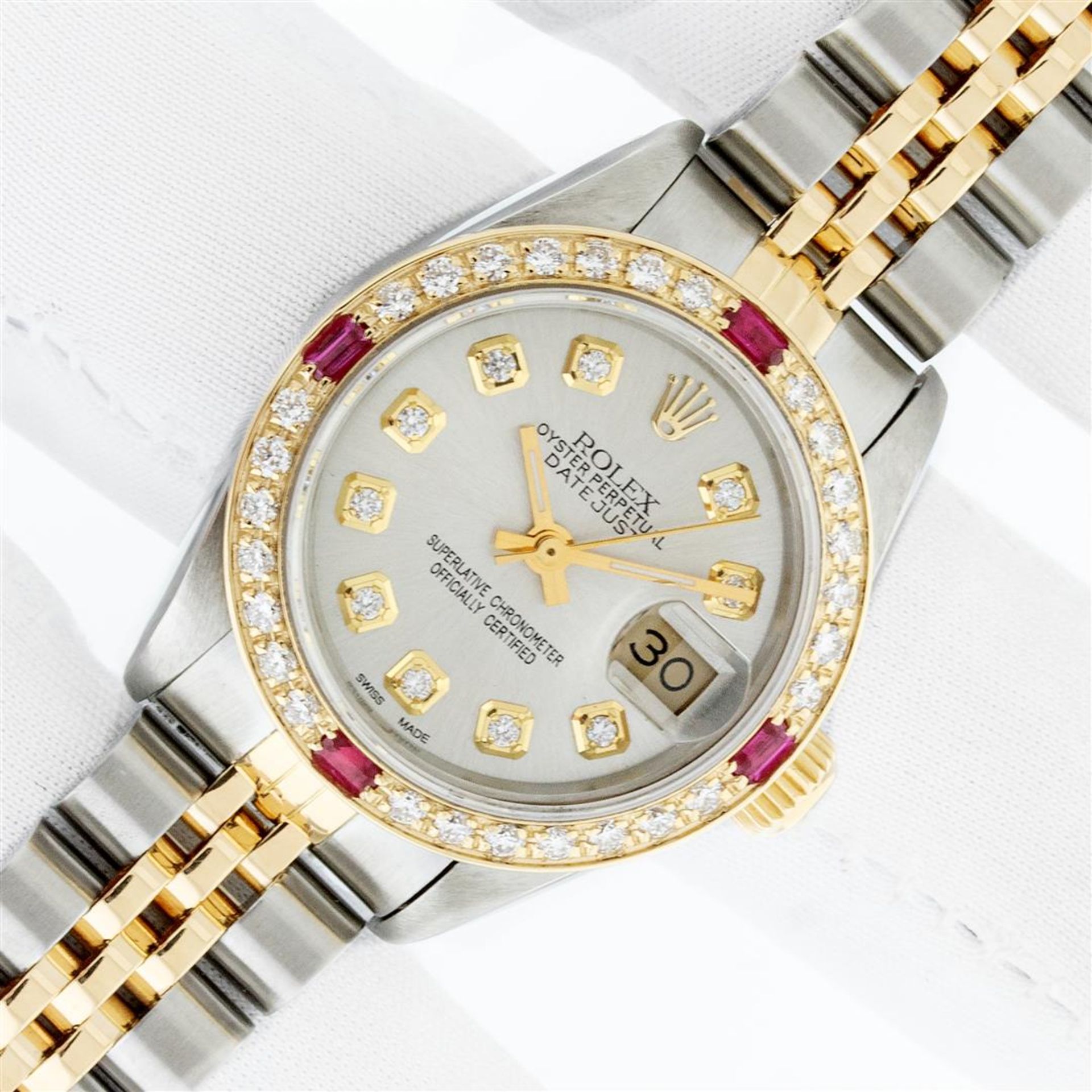 Rolex Ladies 2 Tone Silver Diamond & Ruby Oyster Perpetual Datejust Wristwatch T - Image 2 of 9