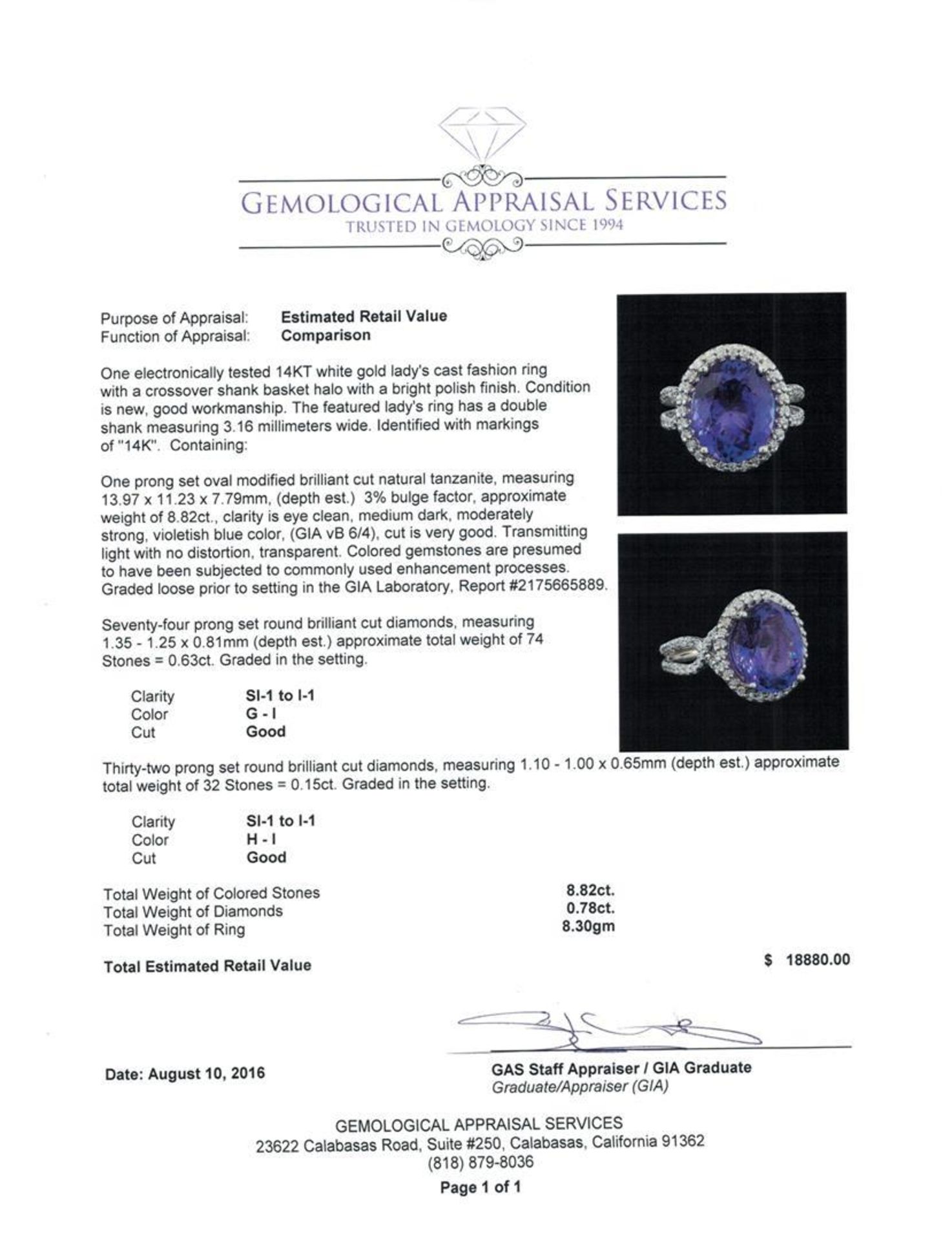 GIA Cert 8.82 ctw Tanzanite and Diamond Ring - 14KT White Gold - Image 5 of 6