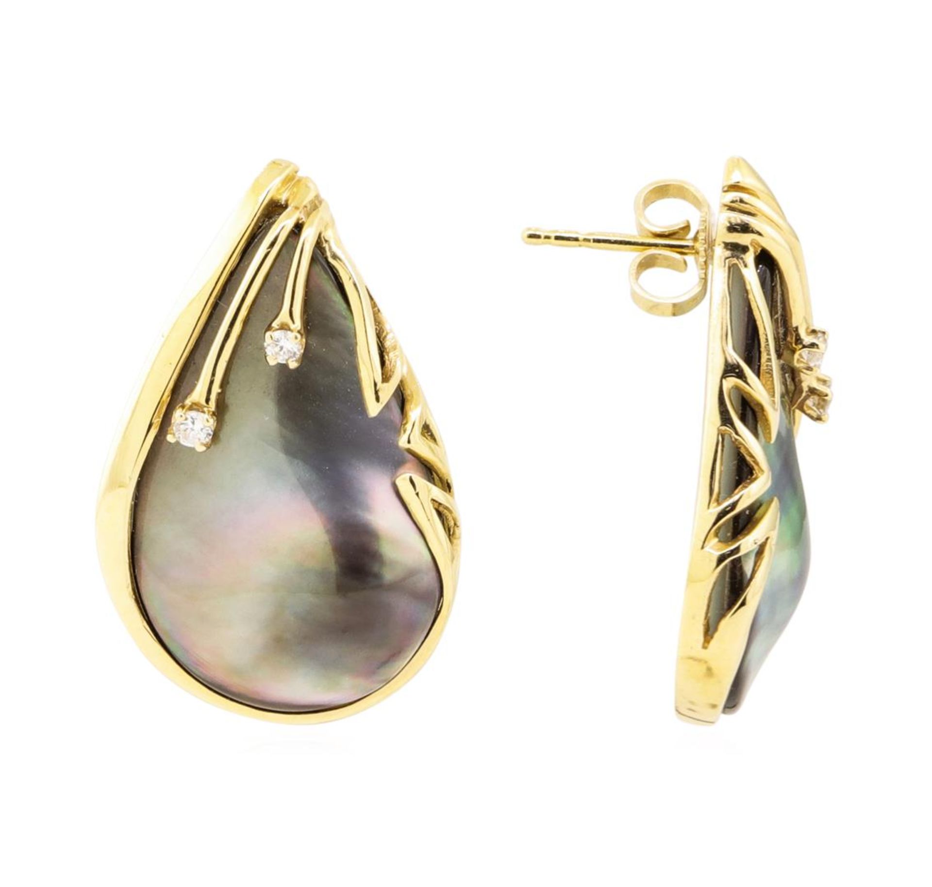 0.10 ctw Diamond and Black Mother of Pearl Teardrop Earrings - 14KT Yellow Gold - Image 2 of 2