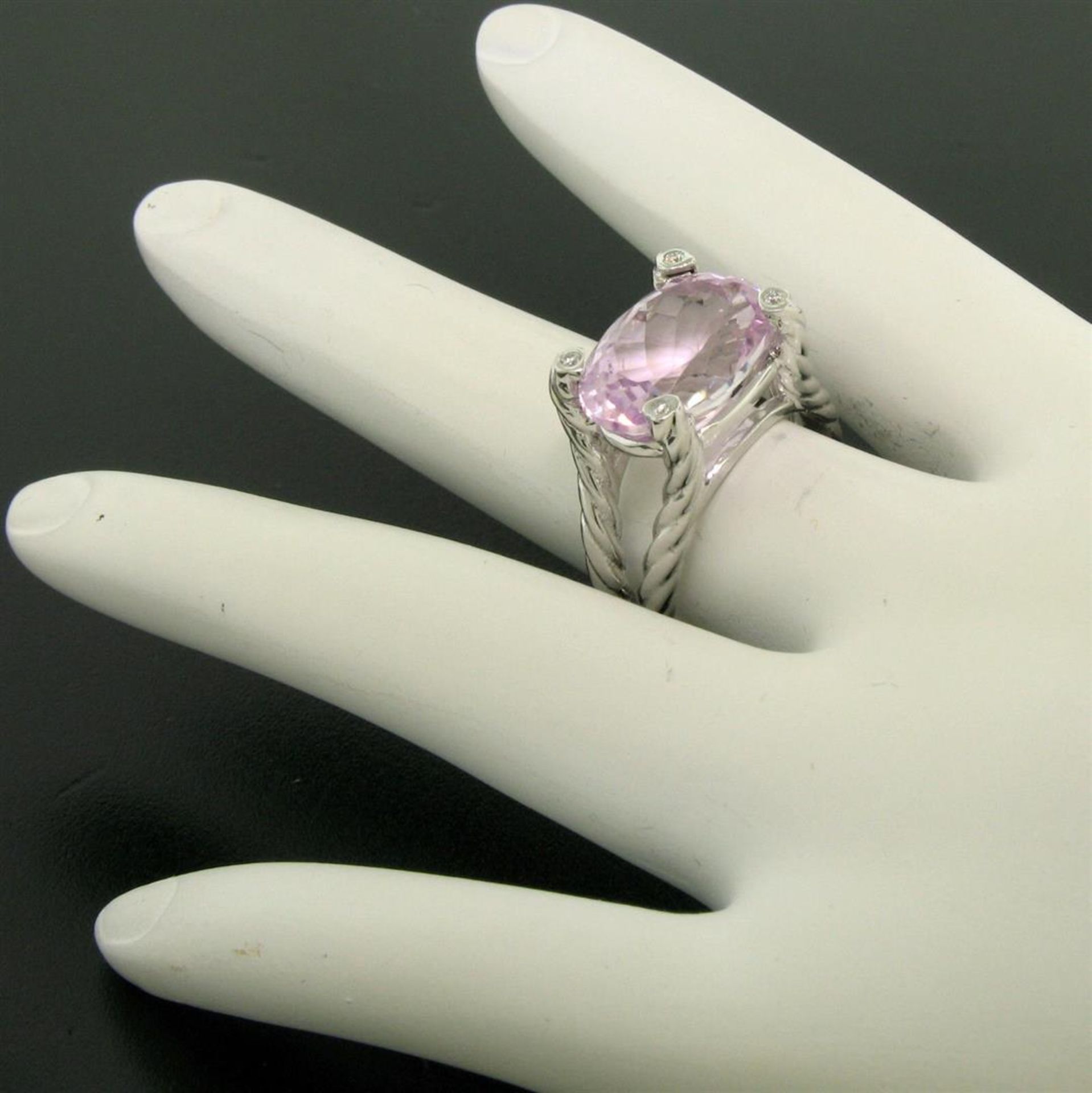 14k White Gold Twisted Cable 8.5 ct Oval Kunzite Solitaire Ring 4 Diamond Accent - Image 7 of 8