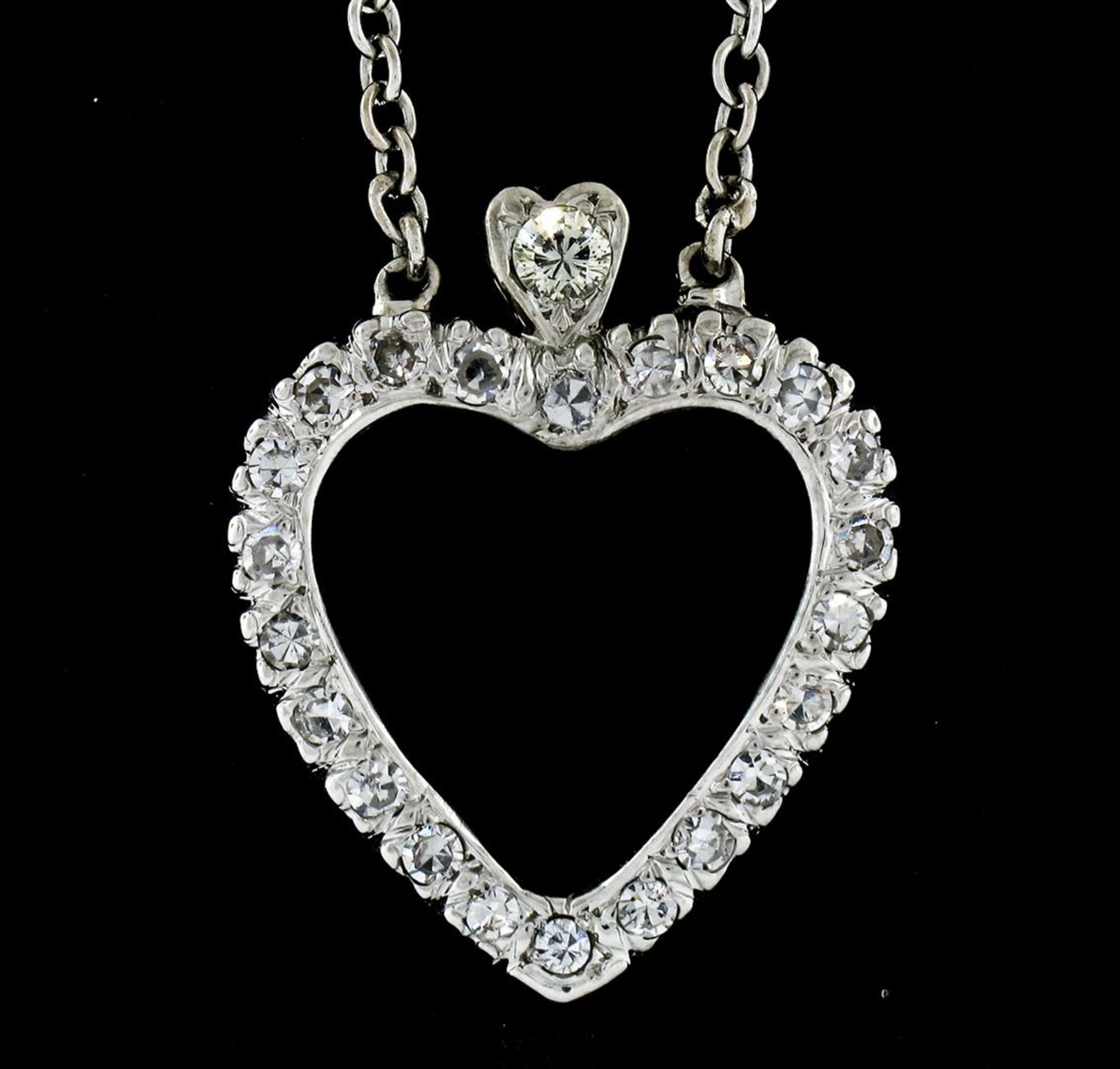 Antique 14k White Gold 1.00ctw Single Cut Diamond Open Heart Pendant Necklace