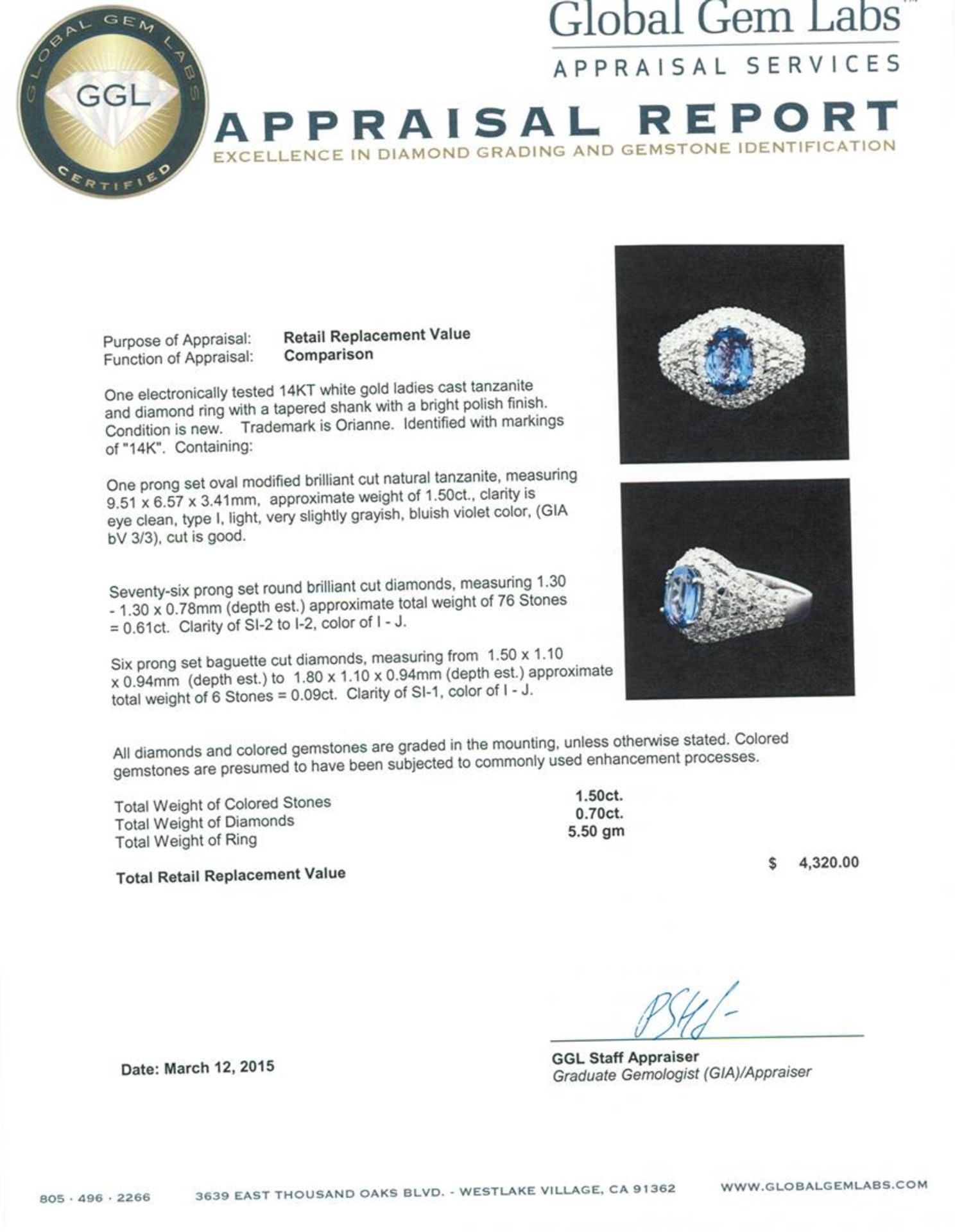 14KT White Gold 1.50 ctw Tanzanite and Diamond Ring - Image 5 of 5