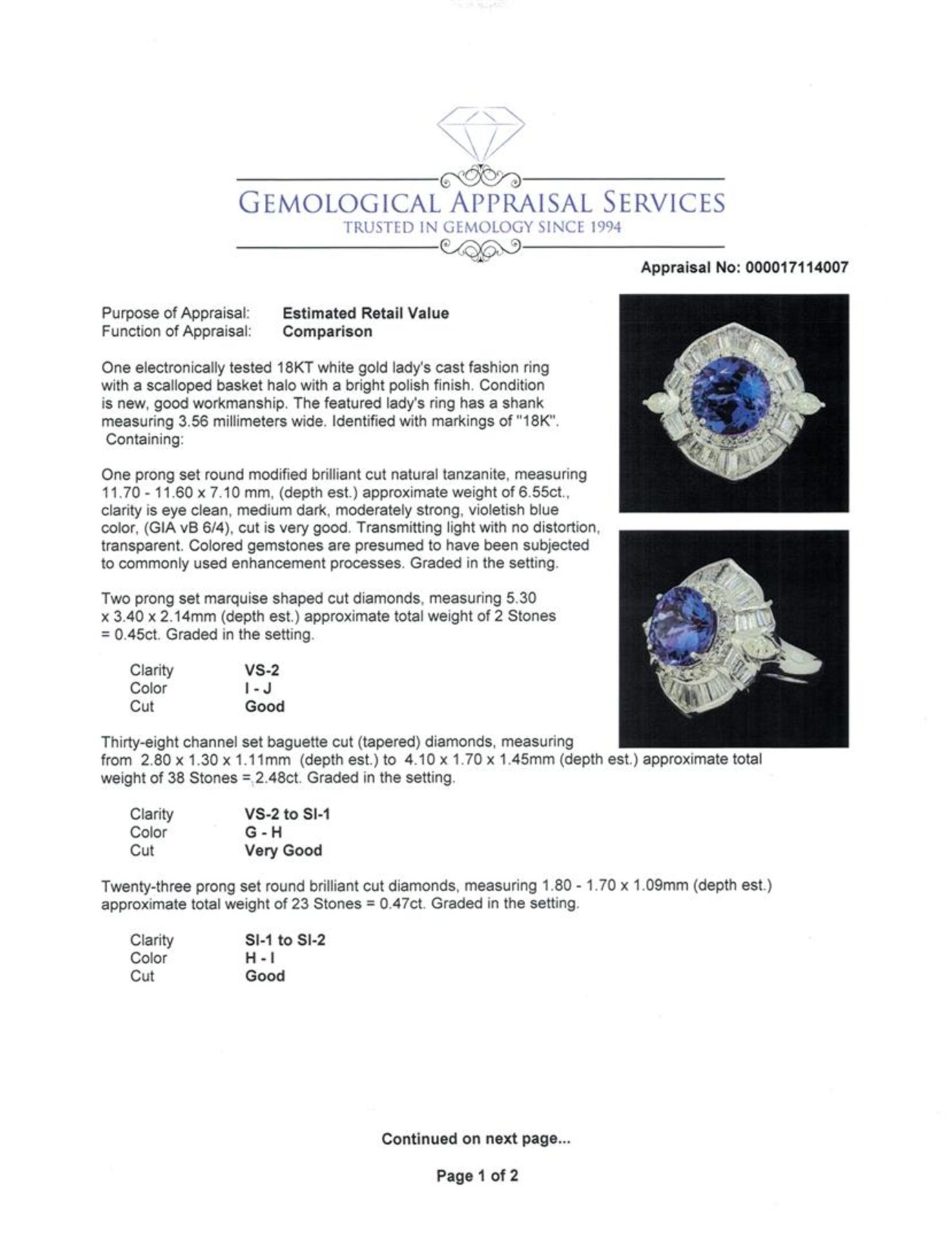 9.95 ctw Round Brilliant Tanzanite And Marquise Shaped Cut Diamond Ring - 18KT W - Image 5 of 6