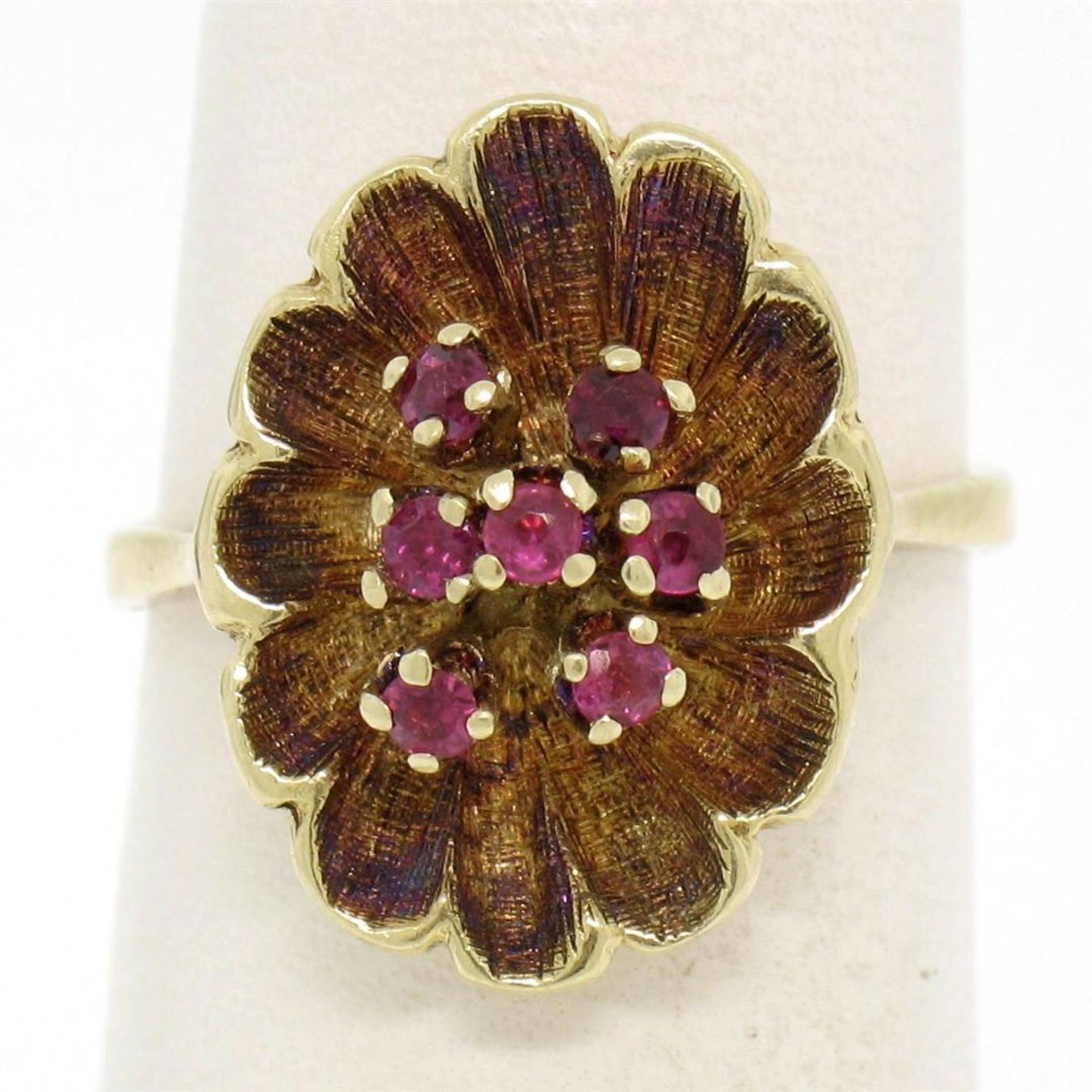 Vintage 14k Yellow Gold 0.25ctw Round Ruby Cluster Brushed Texture Flower Ring