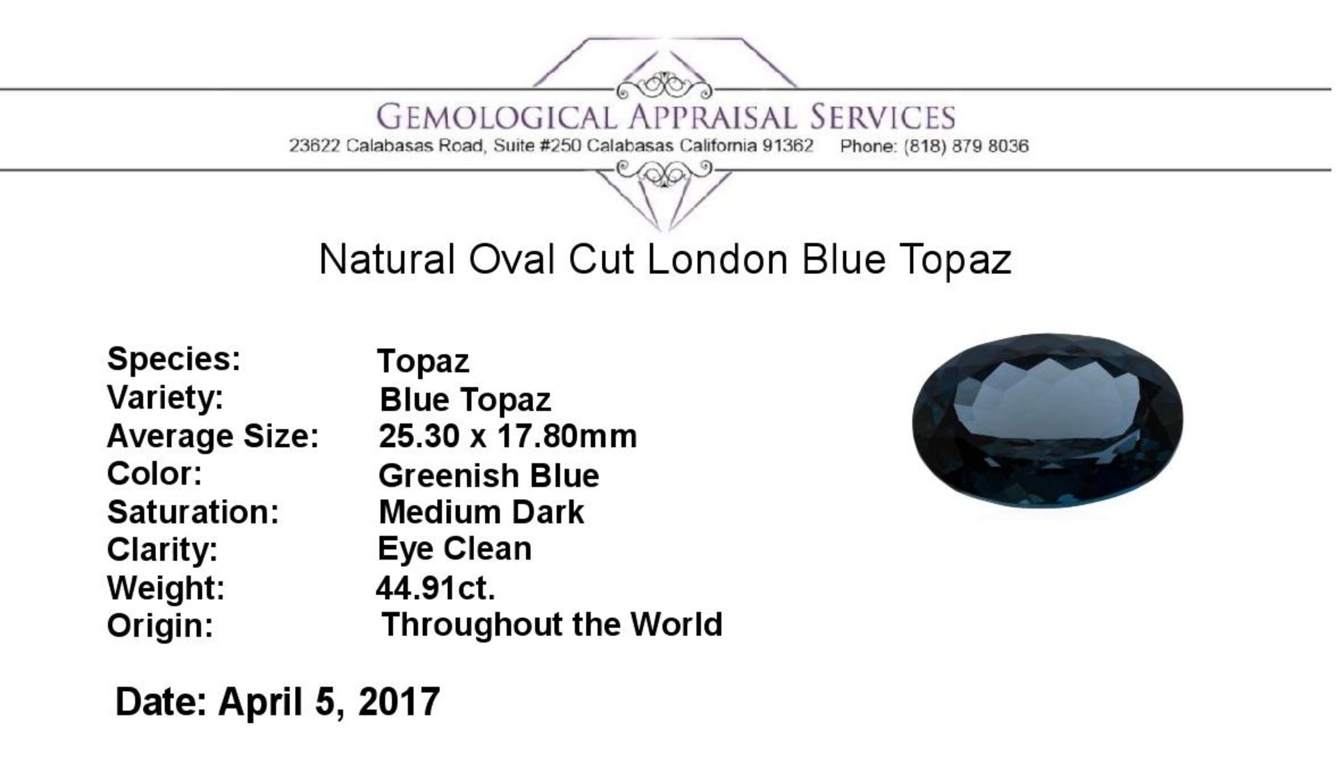 44.91ct. Natural Oval Cut London Blue Topaz - Image 3 of 3