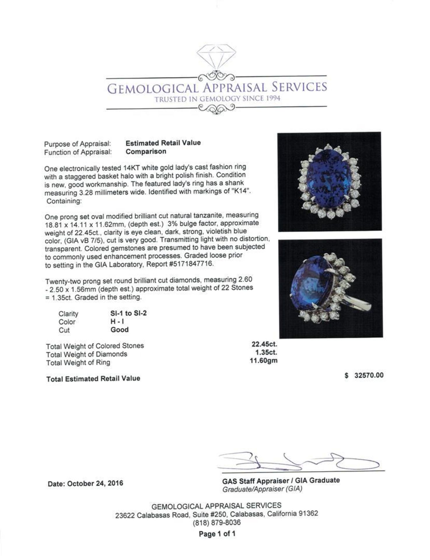 GIA Cert 22.45 ctw Tanzanite and Diamond Ring - 14KT White Gold - Image 5 of 6