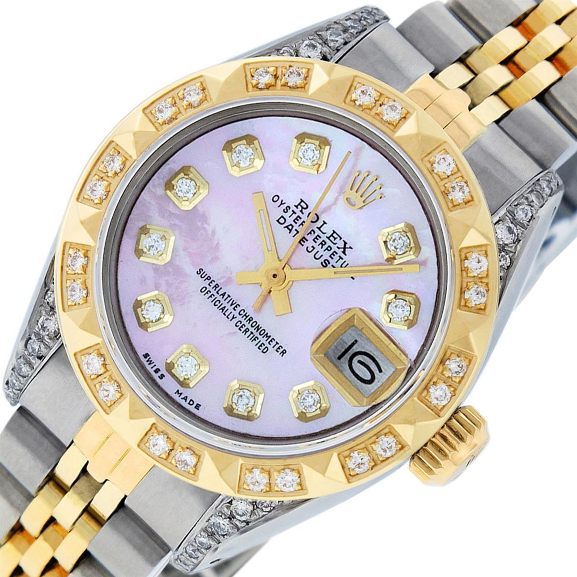 Rolex Ladies 2 Tone Pink MOP Diamond Lugs & Pyramid Datejust Wriswatch - Image 2 of 8