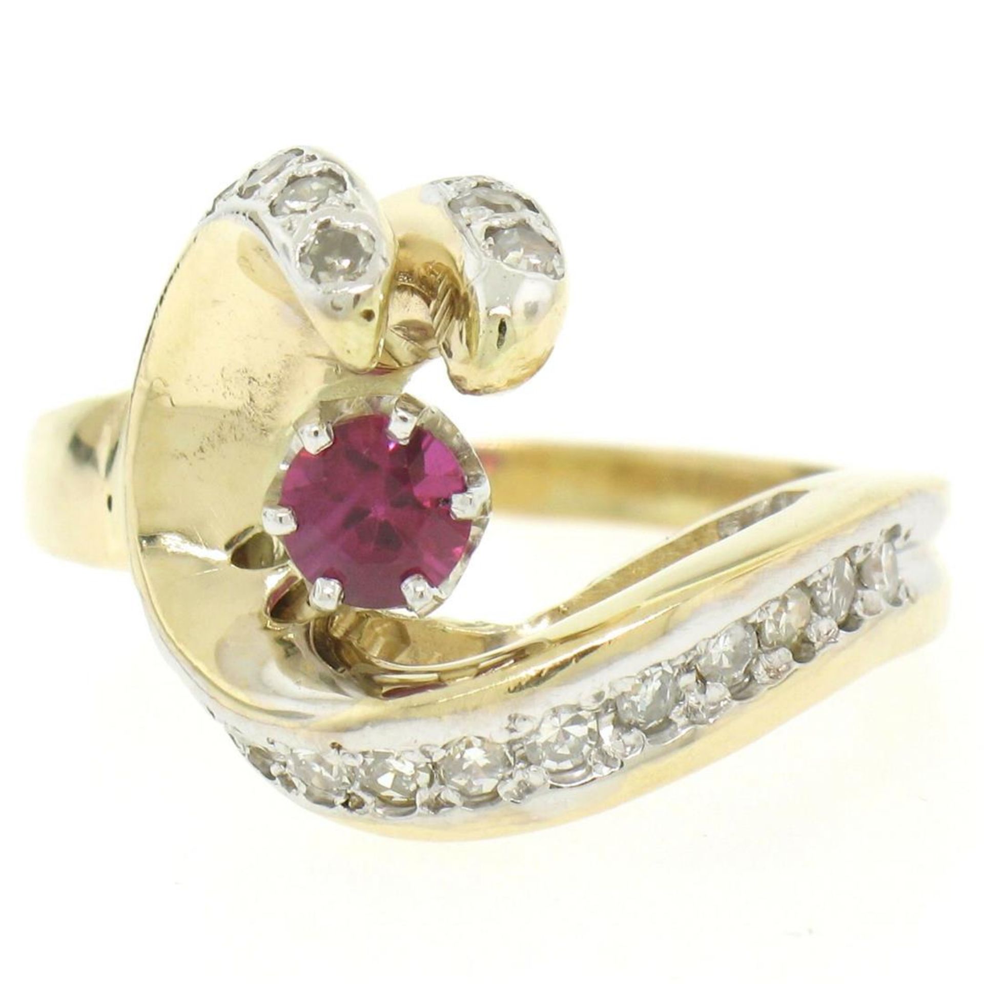 14k Yellow Gold .30 ct Round Blood Red Ruby Claw Cocktail Ring w/ Diamond Accent