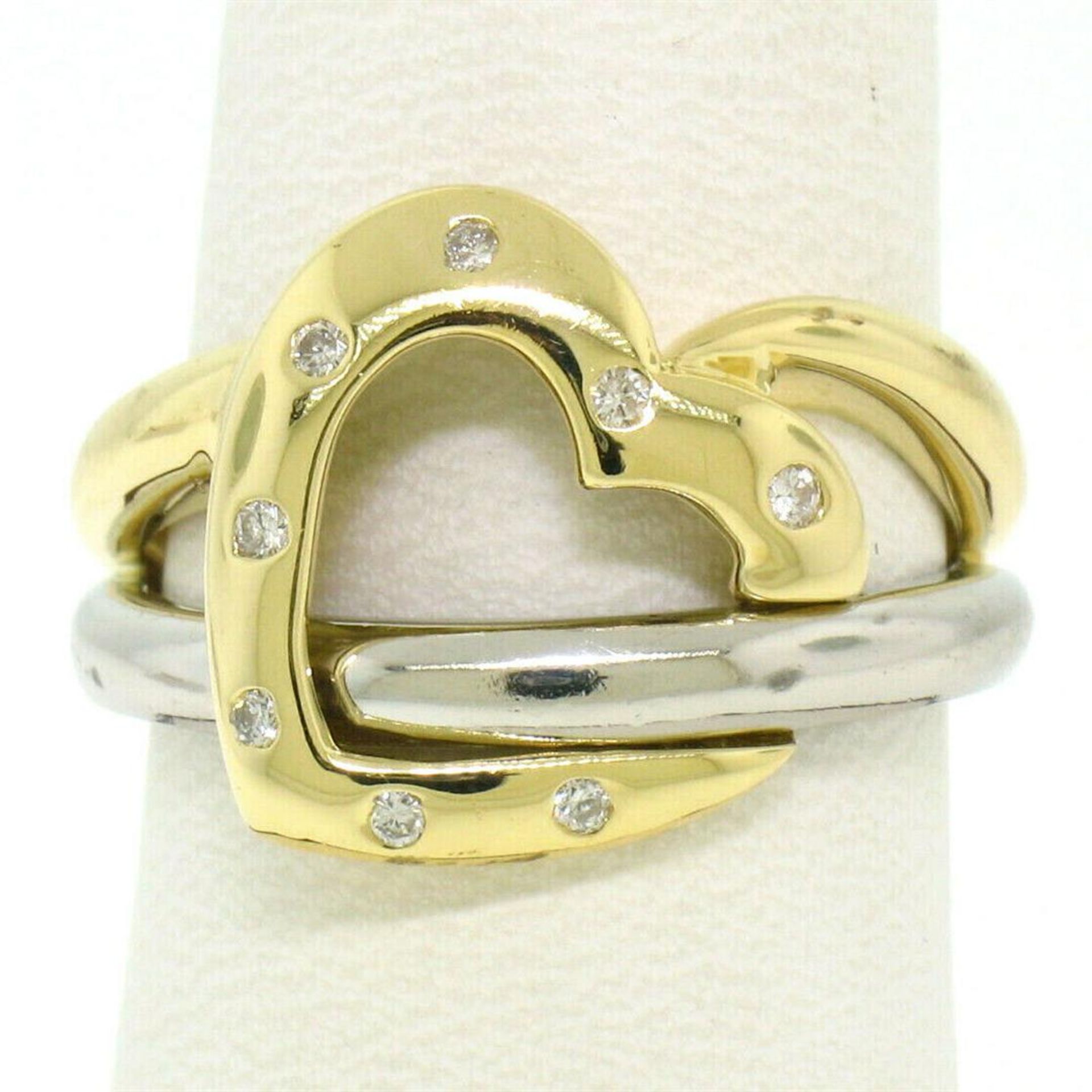 Estate 18k Two Tone Gold 0.12ctw Round Cut Diamond Open Interlocking Heart Ring