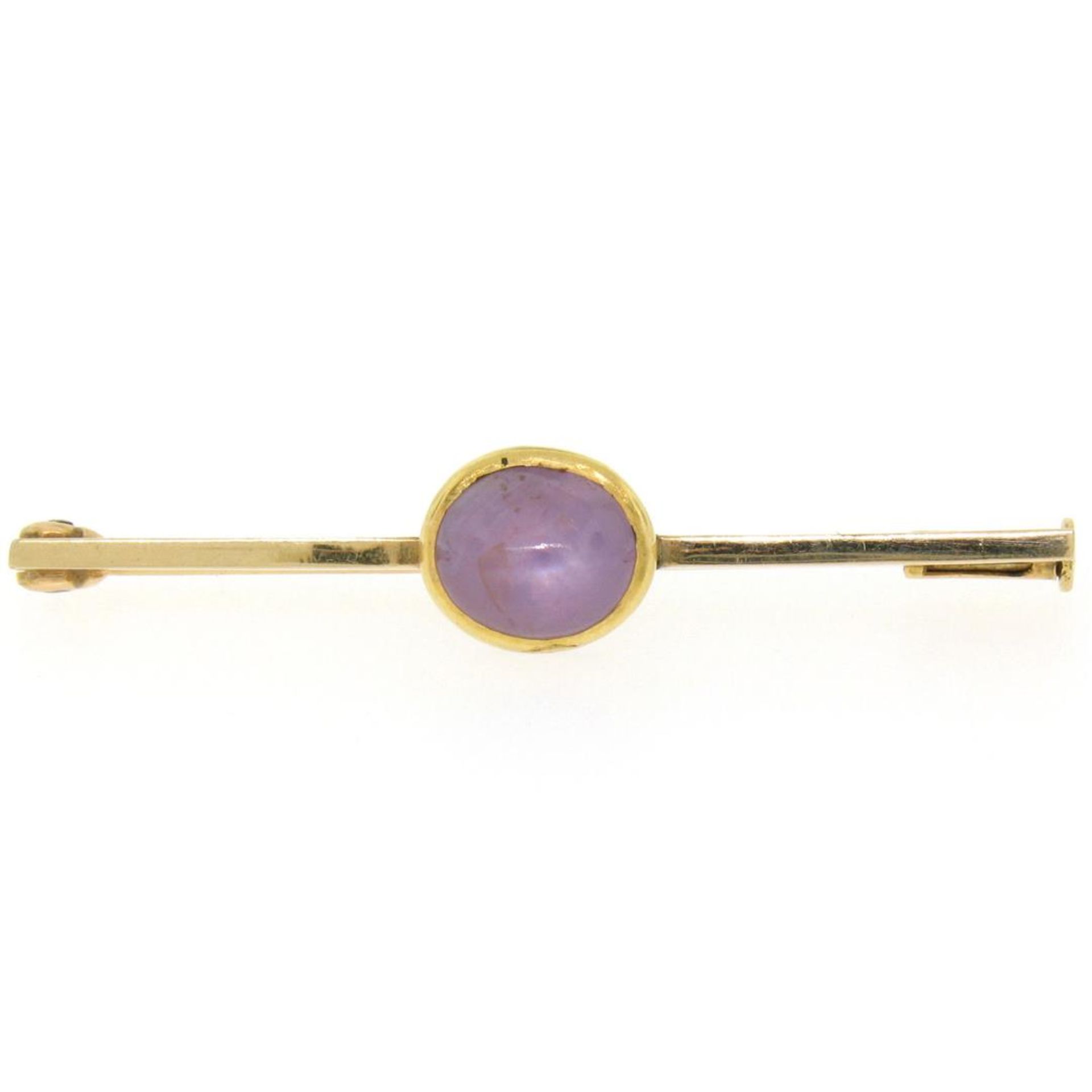 18k Yellow Gold 2.50 ct Oval Bezel Set Pink Star Sapphire Bar Pin Brooch - Image 4 of 8