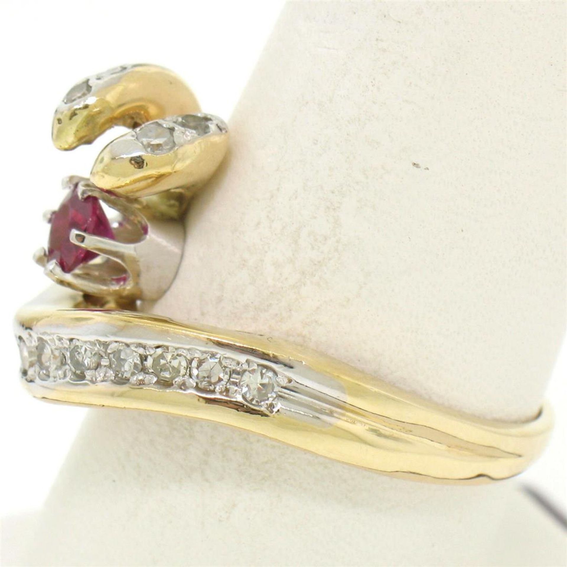 14k Yellow Gold .30 ct Round Blood Red Ruby Claw Cocktail Ring w/ Diamond Accent - Image 5 of 7