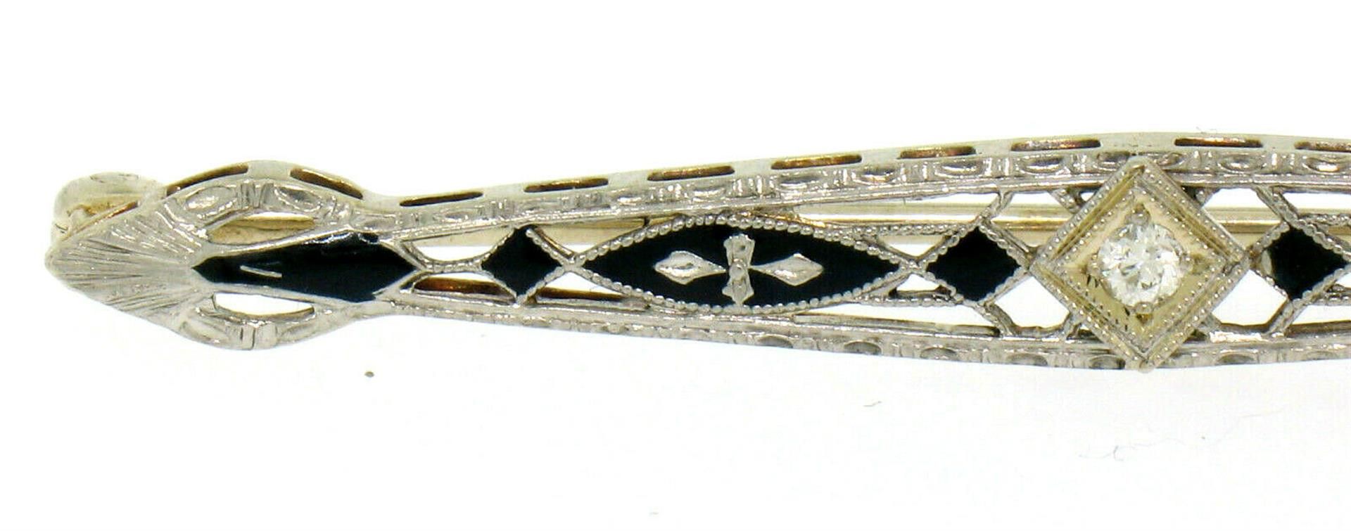 Antique Art Deco 14K White Gold Diamond & Black Enamel Etched Filigree Bar Pin - Image 2 of 4