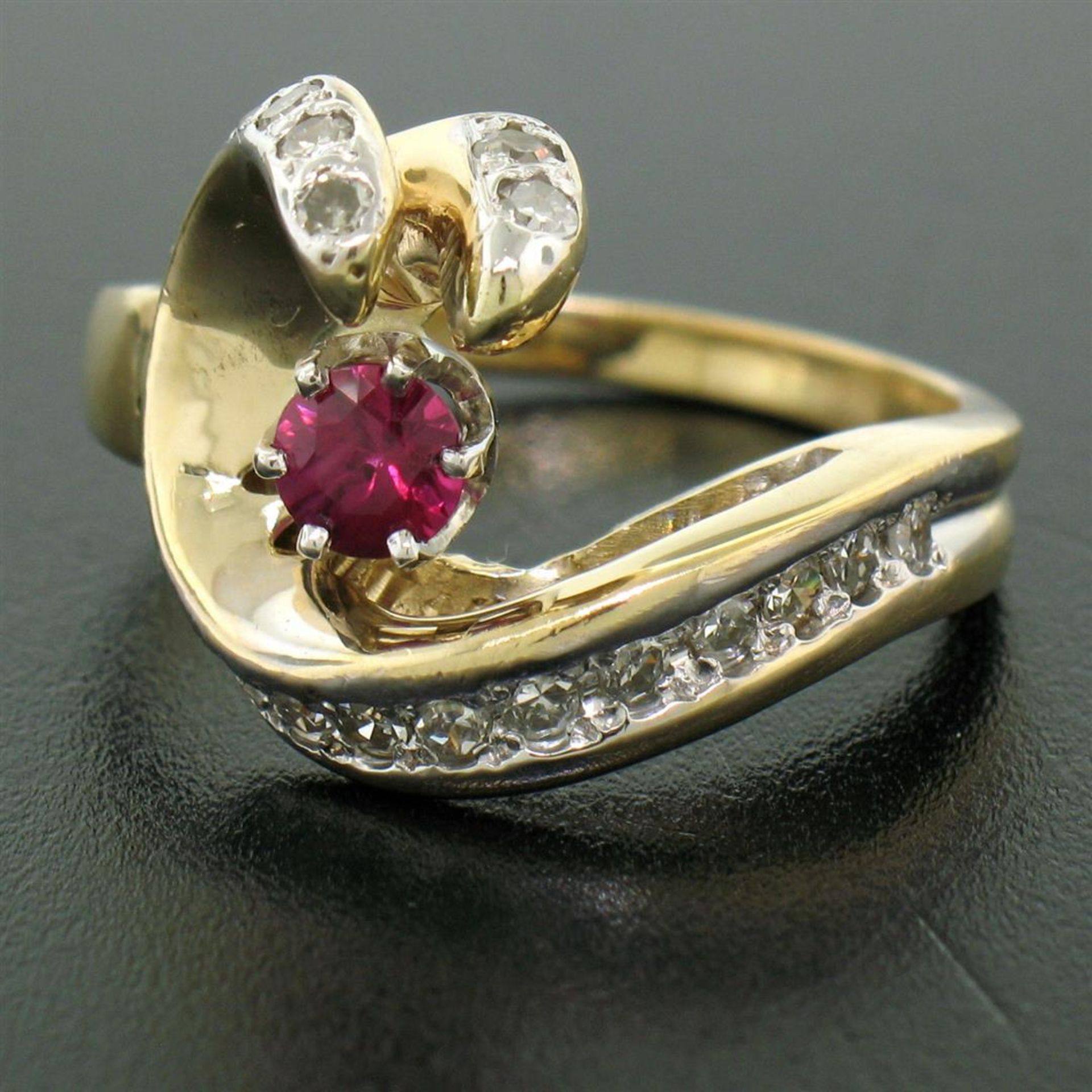 14k Yellow Gold .30 ct Round Blood Red Ruby Claw Cocktail Ring w/ Diamond Accent - Image 2 of 7