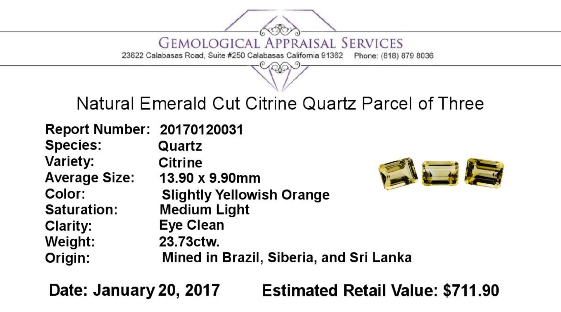 23.73ctw.Natural Emerald Cut Citrine Quartz Parcel of Three - Image 3 of 3