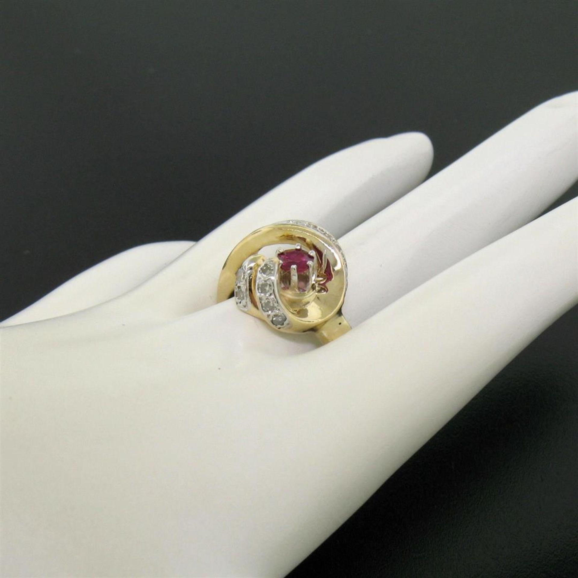 14k Yellow Gold .30 ct Round Blood Red Ruby Claw Cocktail Ring w/ Diamond Accent - Image 3 of 7